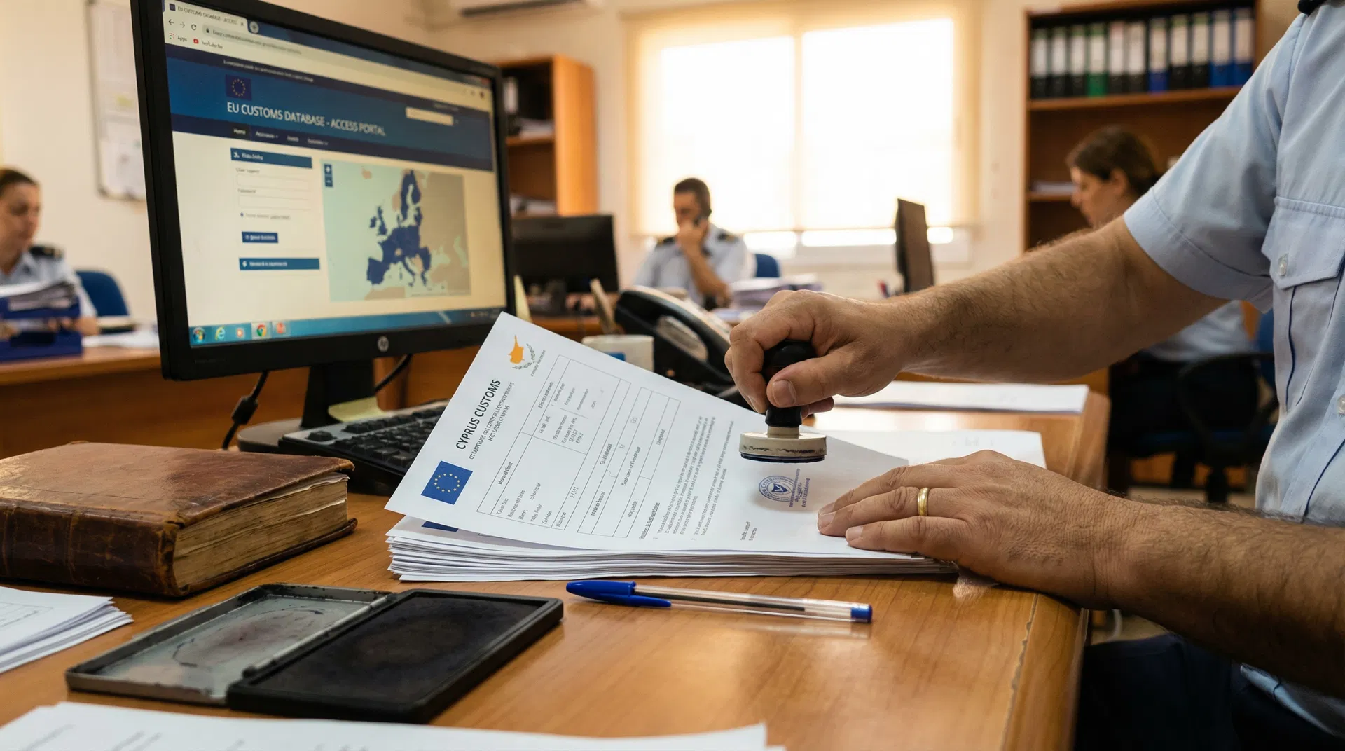 Cyprus Customs officer stamping an EORI registration form C.1000 at a government office desk with EU customs database on screen