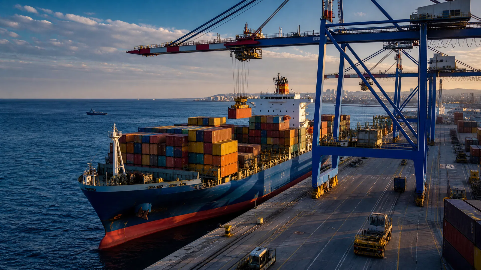Cargo containers being loaded onto a container ship at Limassol Port, Cyprus — export customs clearance