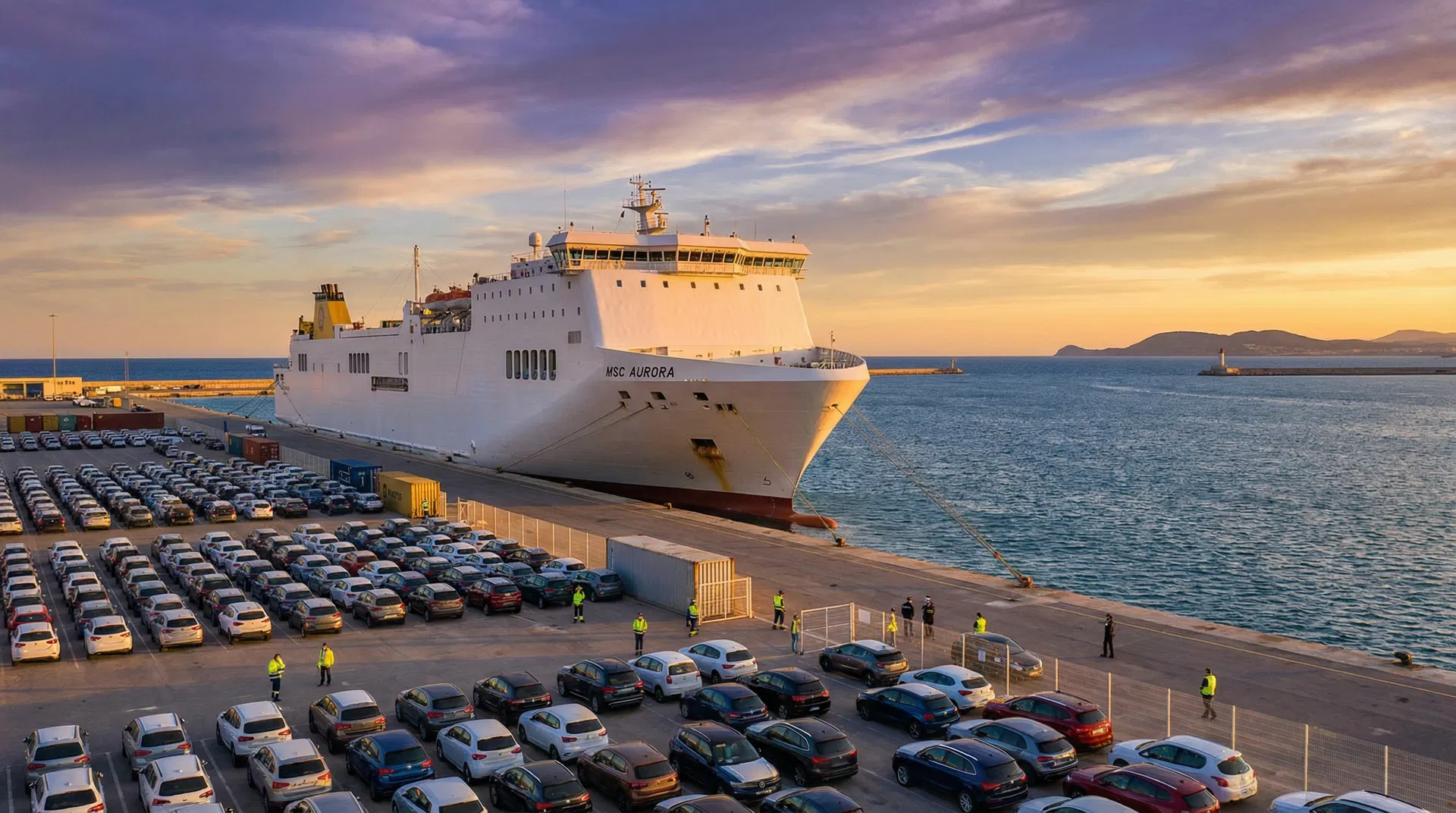 Car carrier ship docked at a Mediterranean port at sunset with rows of vehicles ready for import