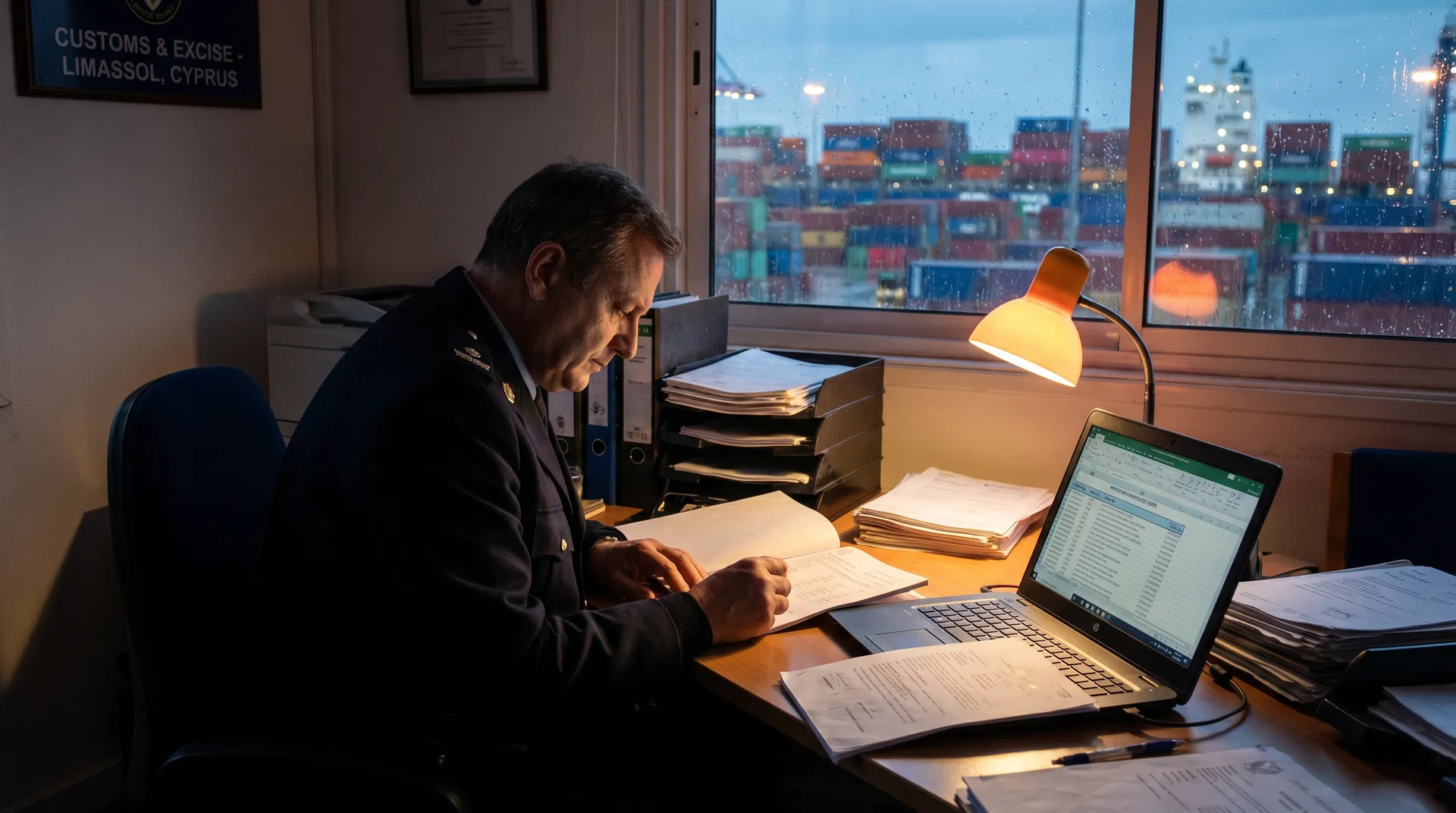 Customs officer reviewing import duty documents at Limassol Port, Cyprus