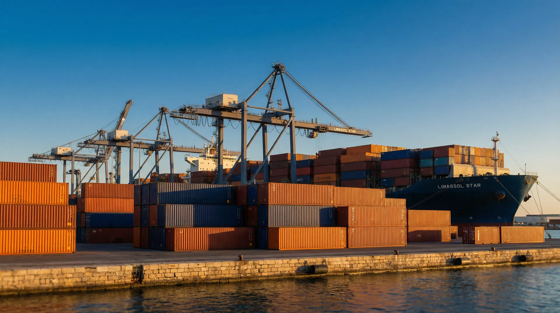 Stacked shipping containers and a container ship moored at Limassol Port, Cyprus, at golden hour