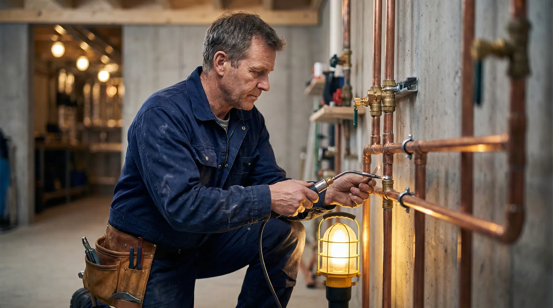 Rørlegger utfører kobberrør-installasjon