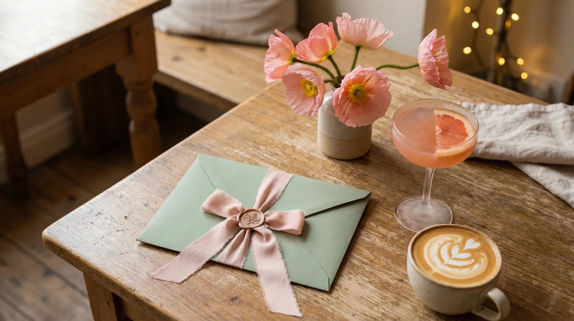 Gift voucher envelope with pink poppies and coffee