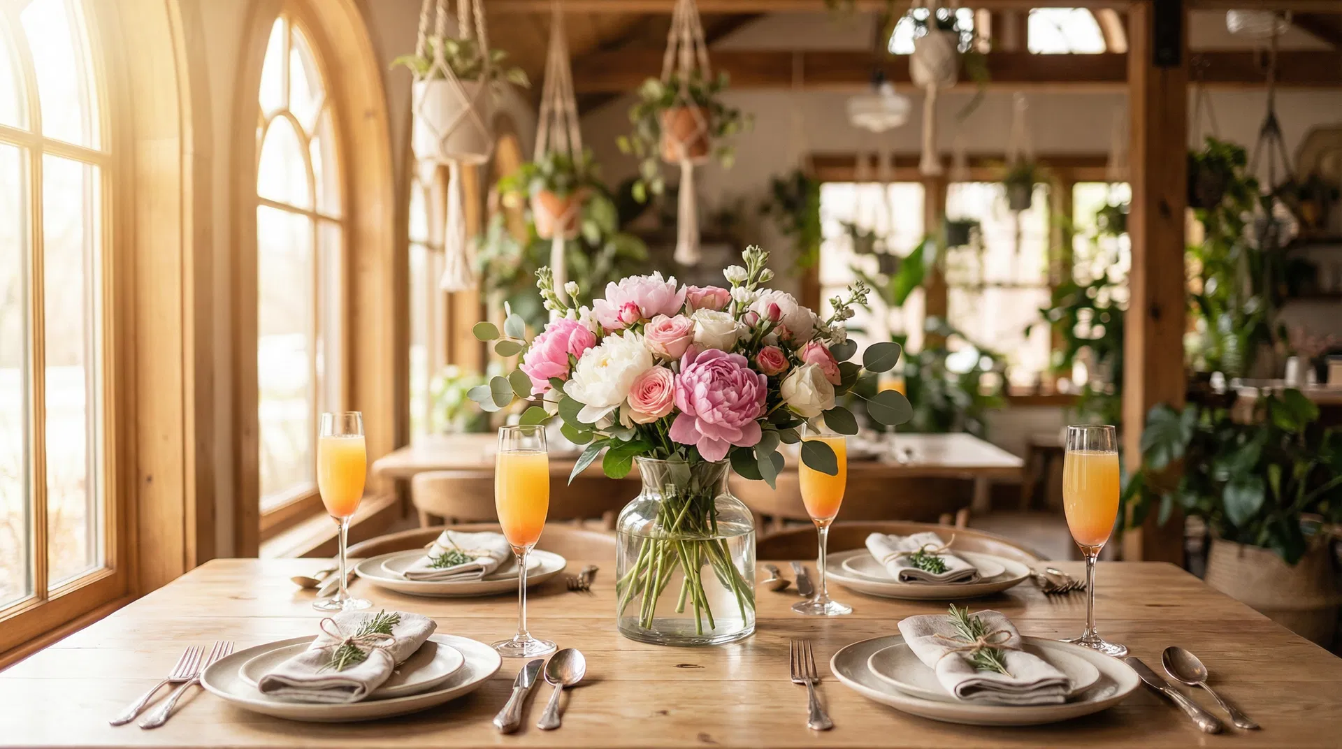 Mother's Day table setting with fresh flowers and mimosas