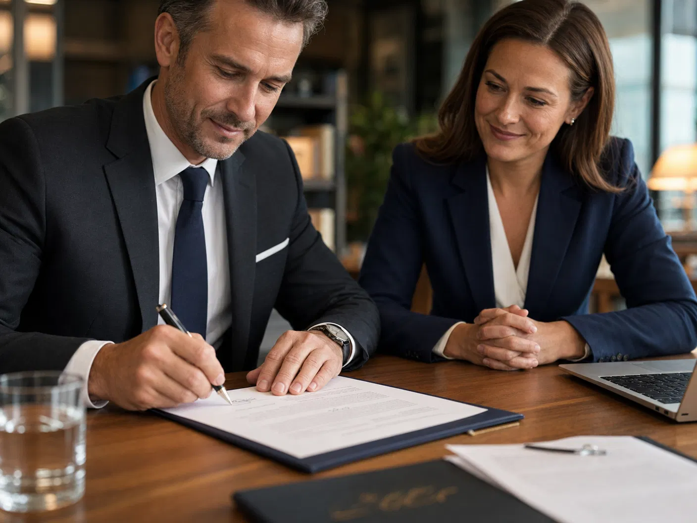 Business professionals signing a contract