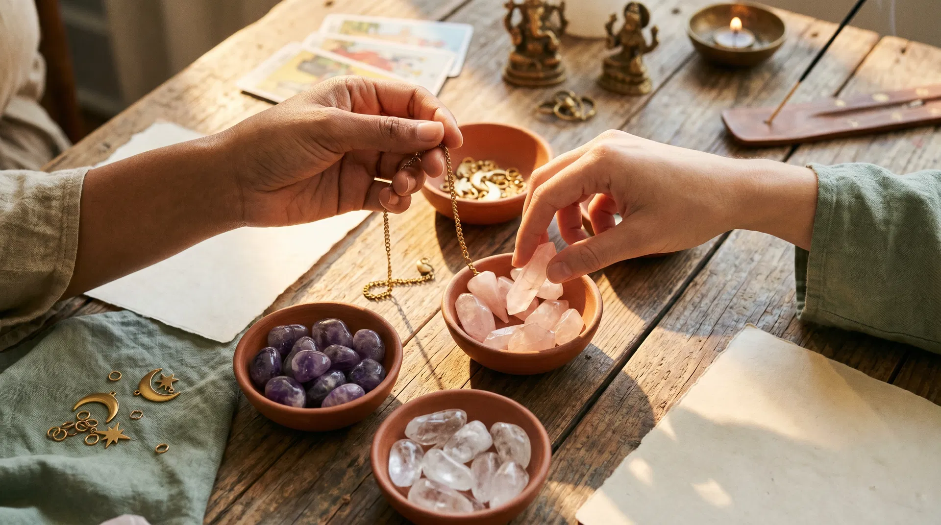 Two hands of different skin tones crafting a pendulum with crystals and charms
