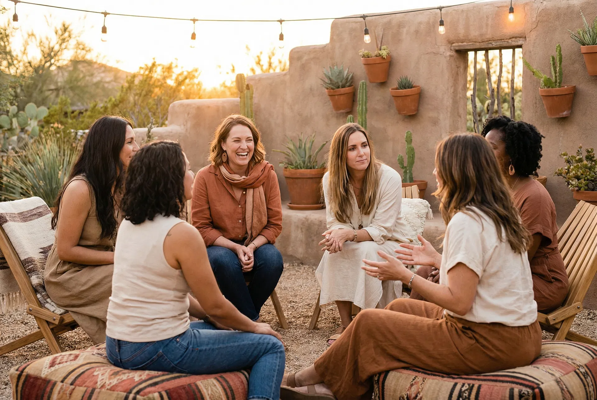 Diverse group of therapists connecting in a desert garden setting at golden hour