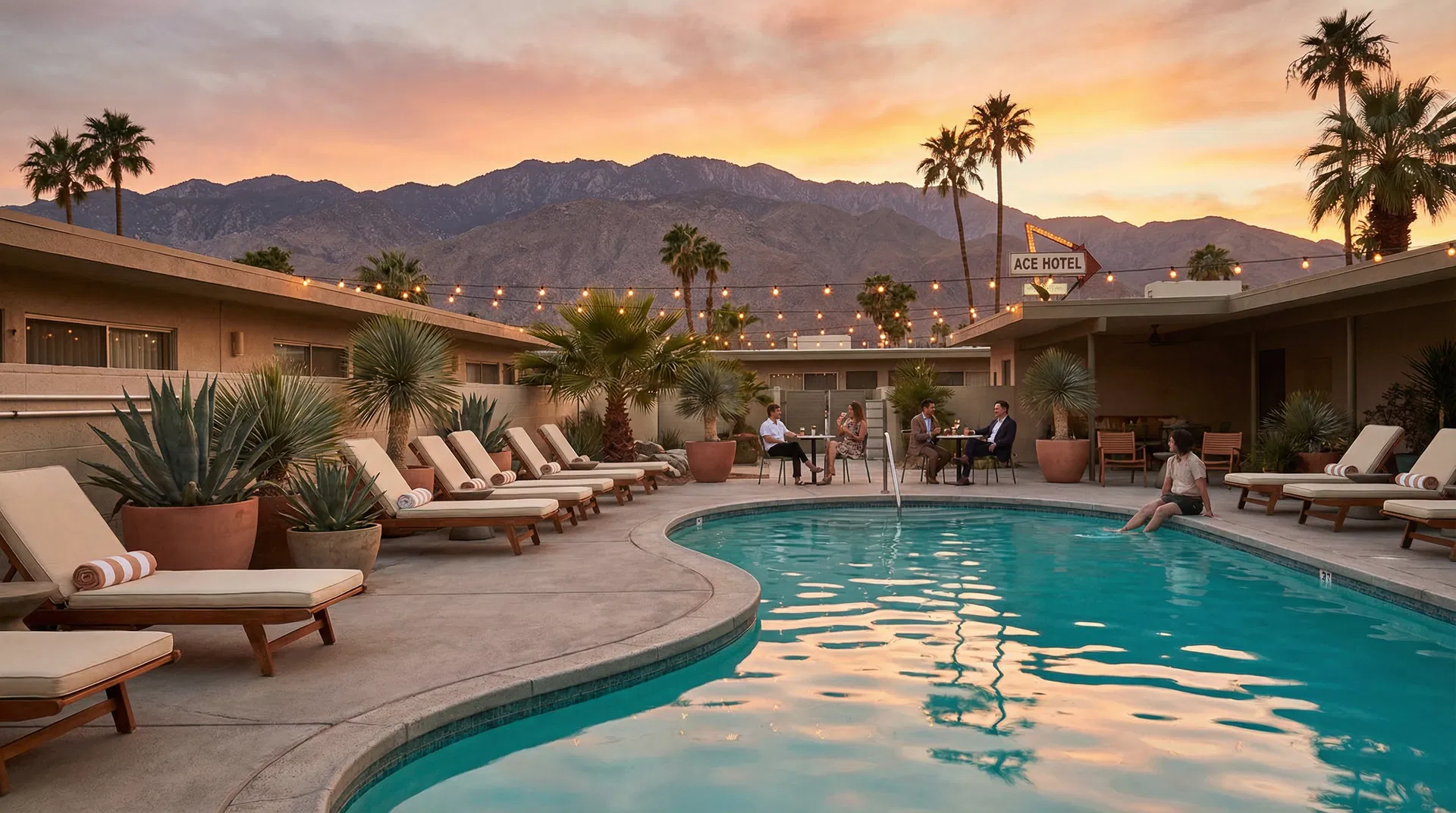 Ace Hotel Palm Springs poolside at dusk with lounge chairs, string lights, and San Jacinto Mountains