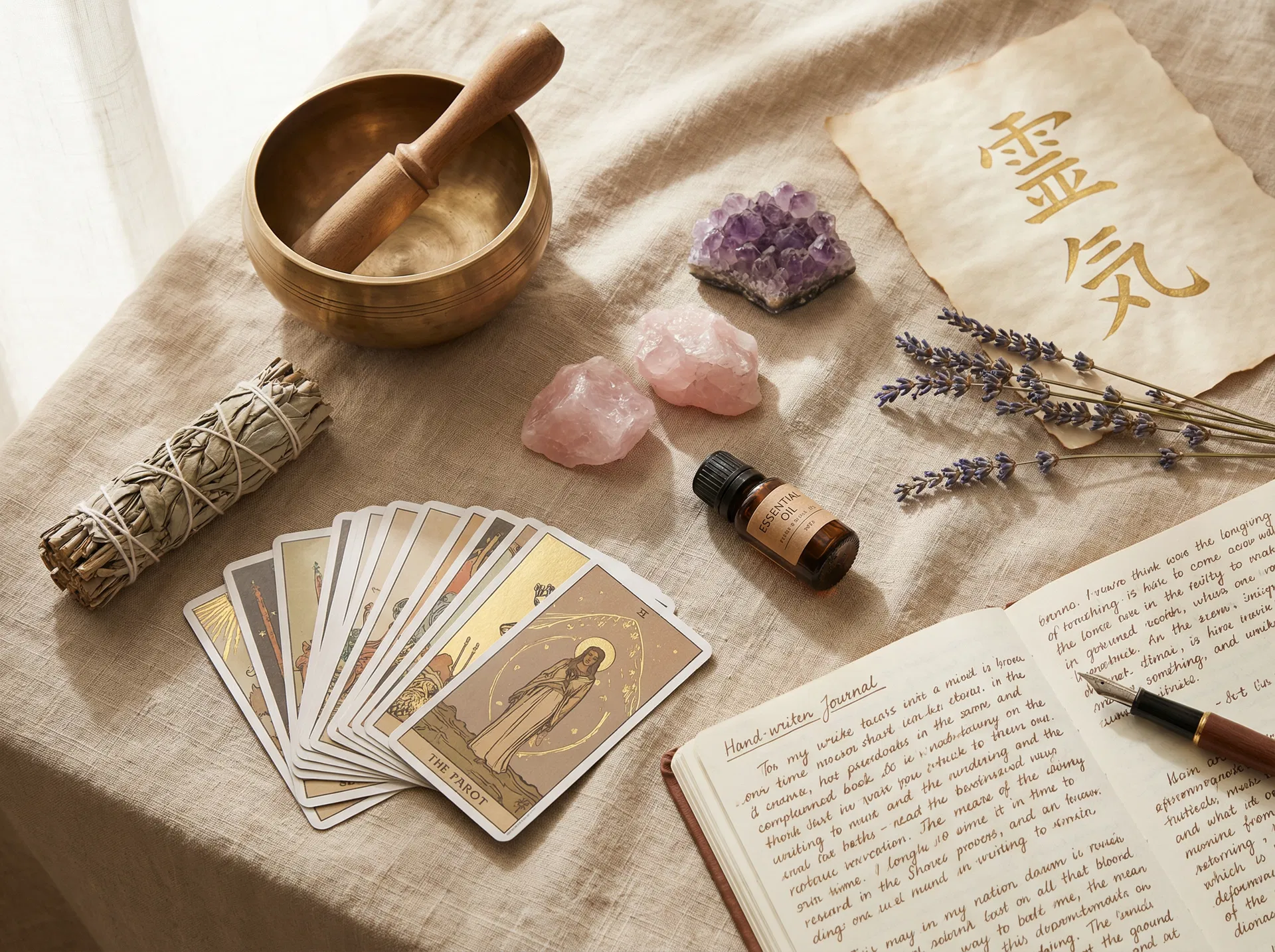 Flat lay of healing modalities including singing bowl, tarot cards, crystals, sage, essential oils, and journal on linen background