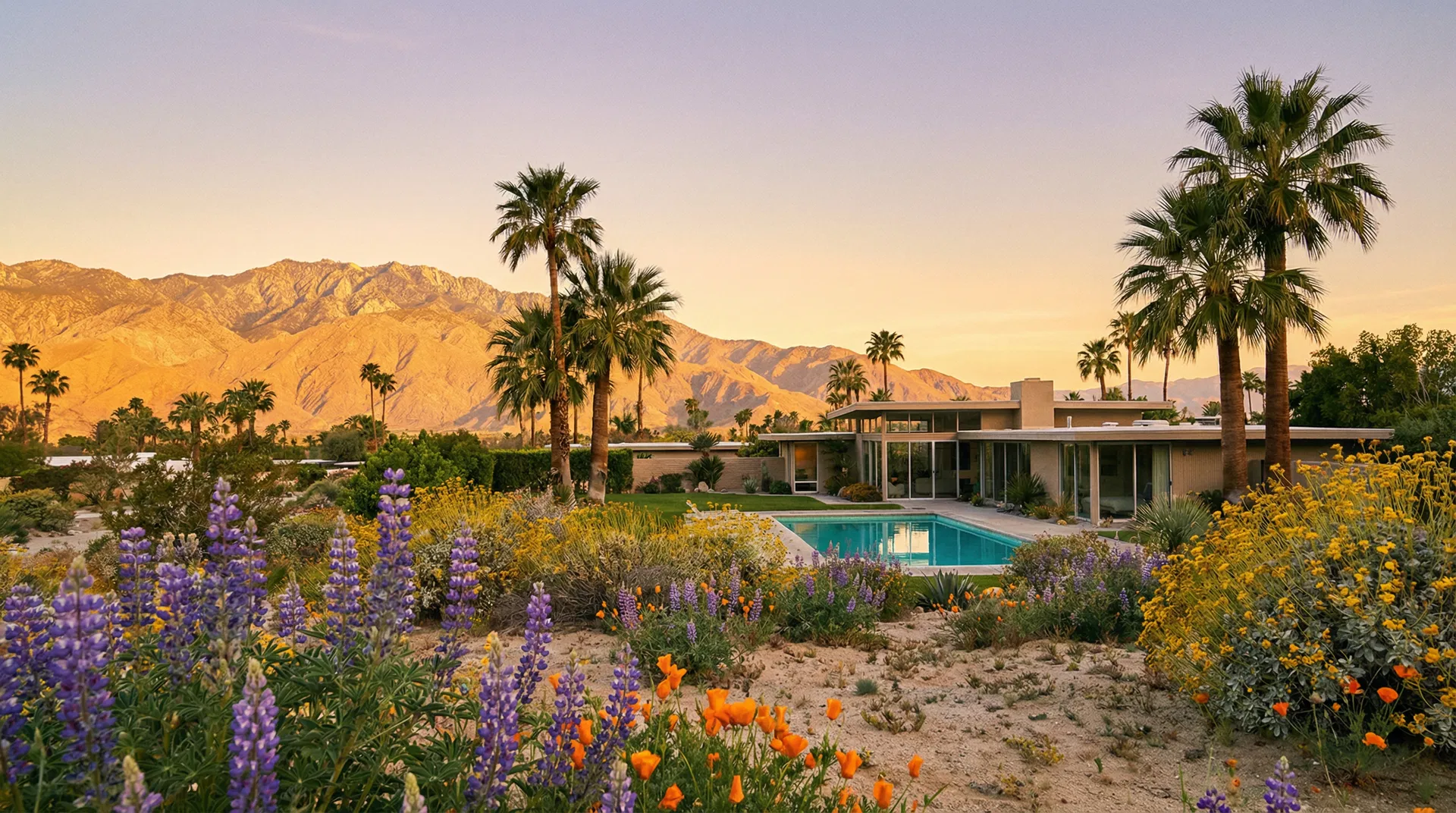 Palm Springs desert landscape at golden hour with wildflowers, mid-century architecture, and San Jacinto Mountains