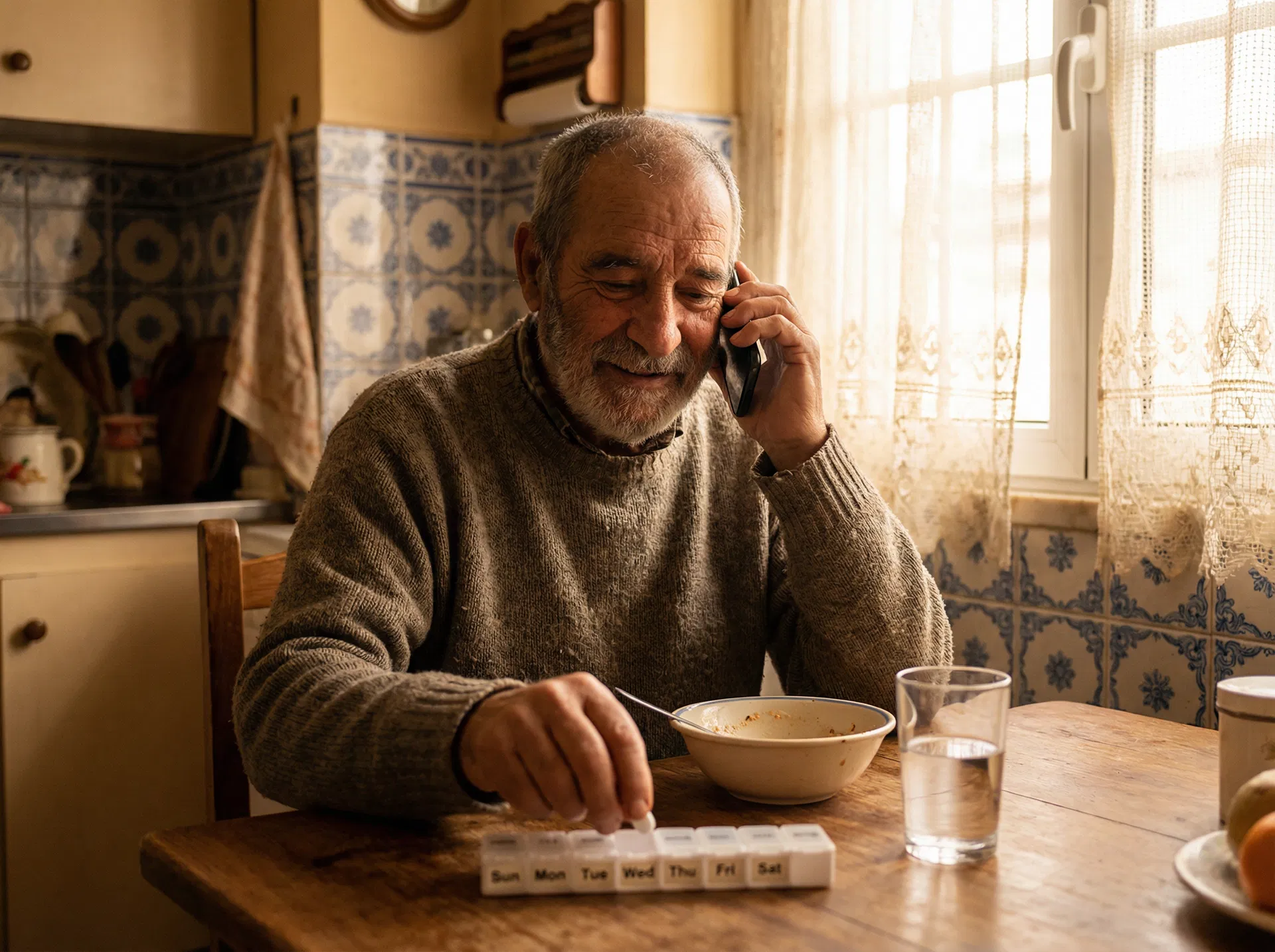 Idoso ao telemóvel a tomar medicação em casa