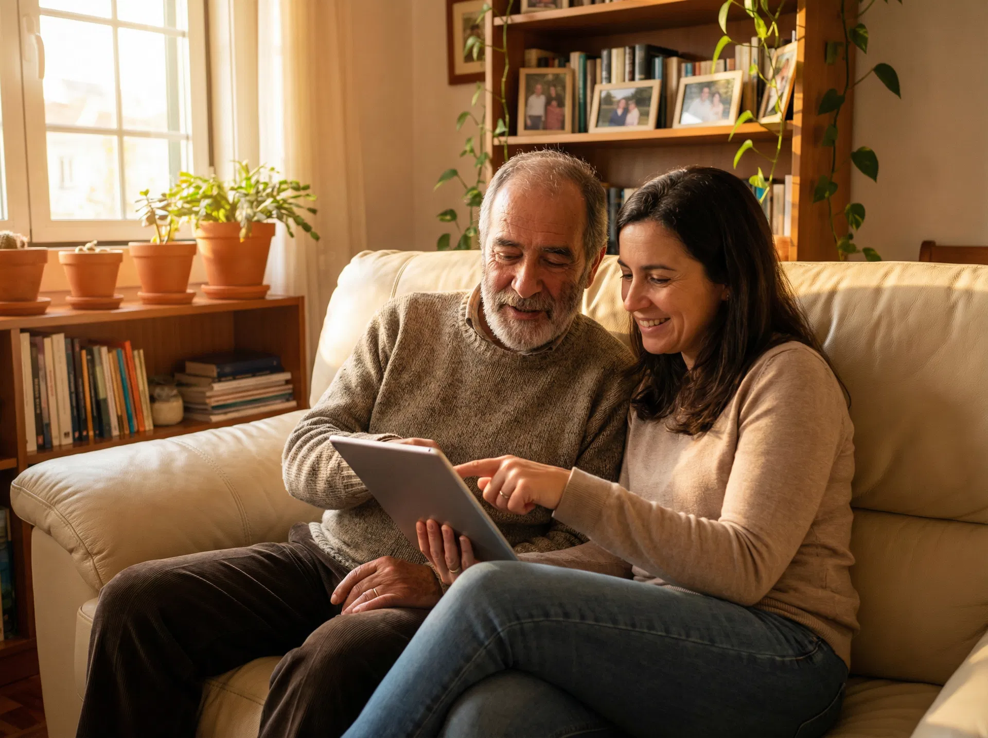 Pai idoso e filha adulta a ver tablet juntos