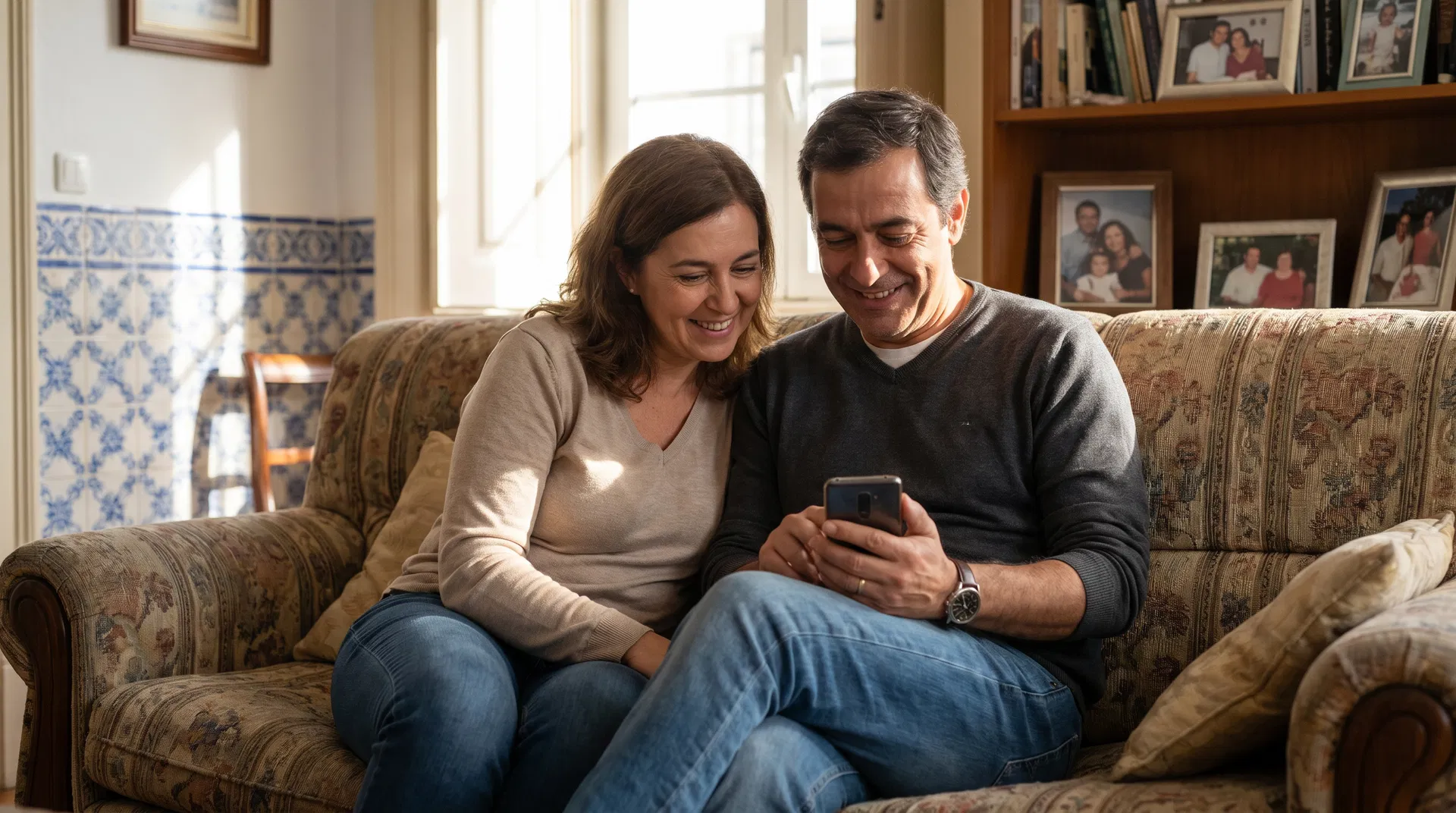 Família portuguesa no sofá a ler o relatório da Care24 no telemóvel com expressão aliviada