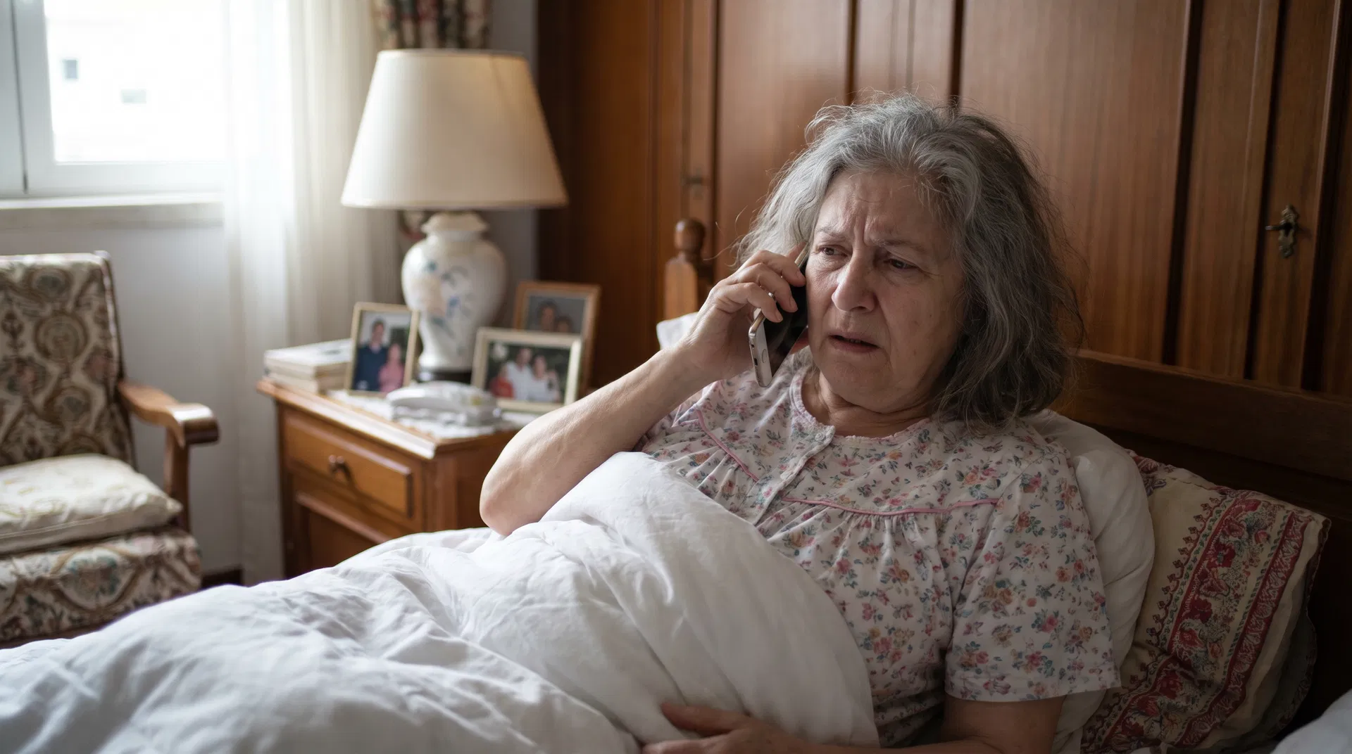 Idosa na cama com ar mal-disposto a falar ao telemóvel com a Care24