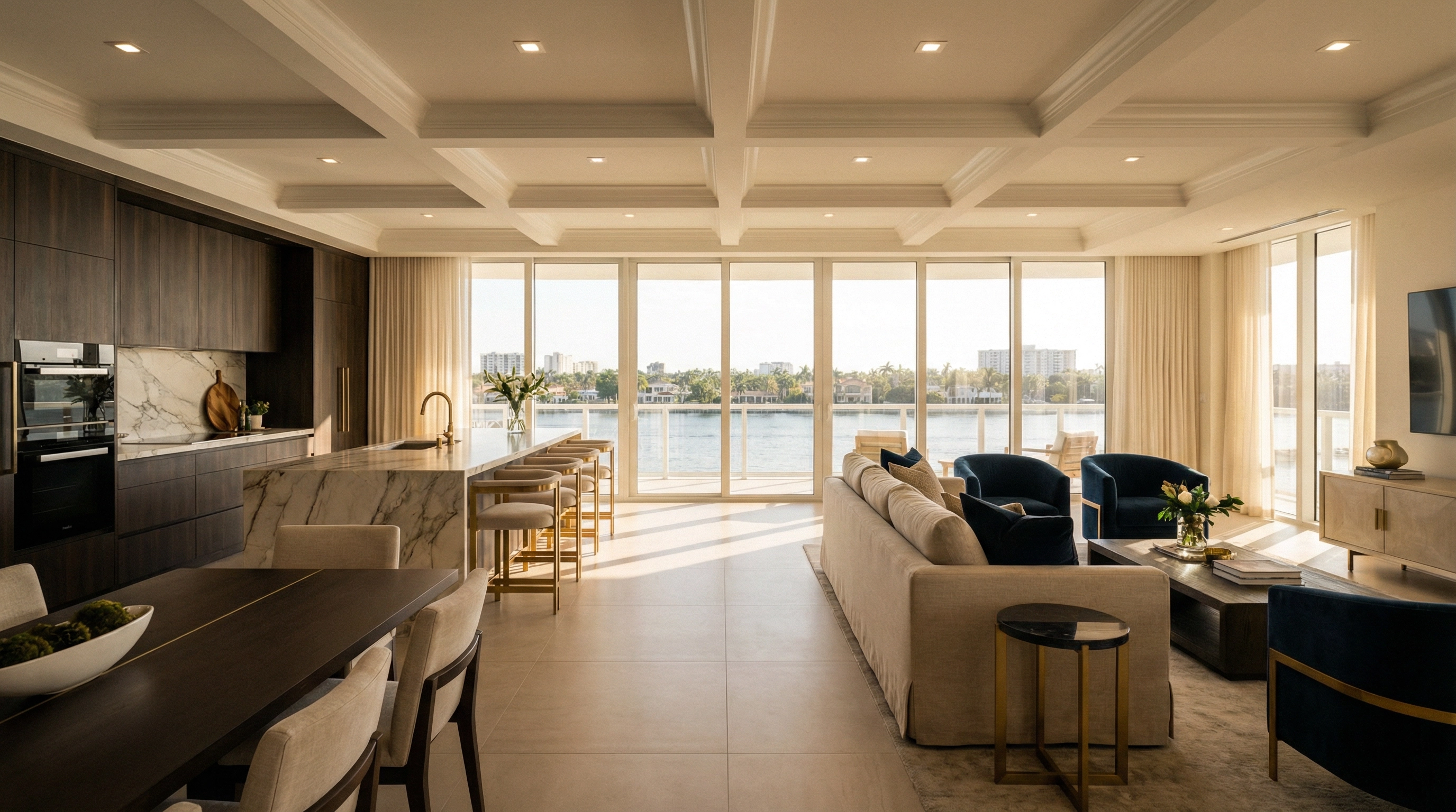 Luxury condo interior with waterfront views