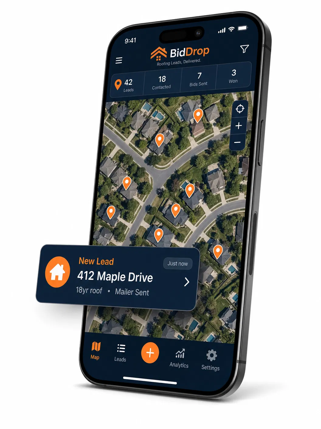 BidDrop app showing satellite map with pin drops and lead notifications