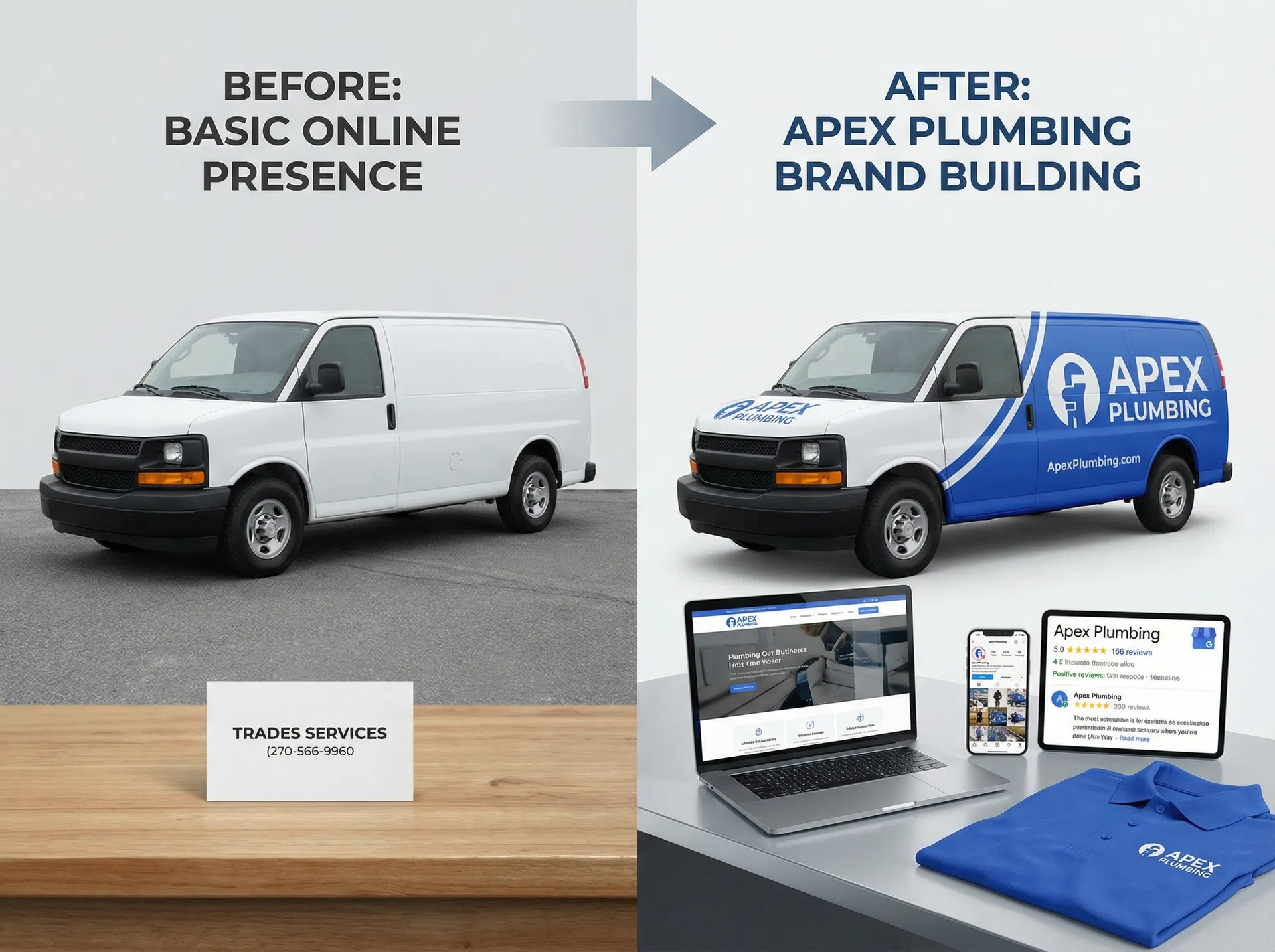 Before and after brand transformation for a plumbing company — plain van to professional branded fleet