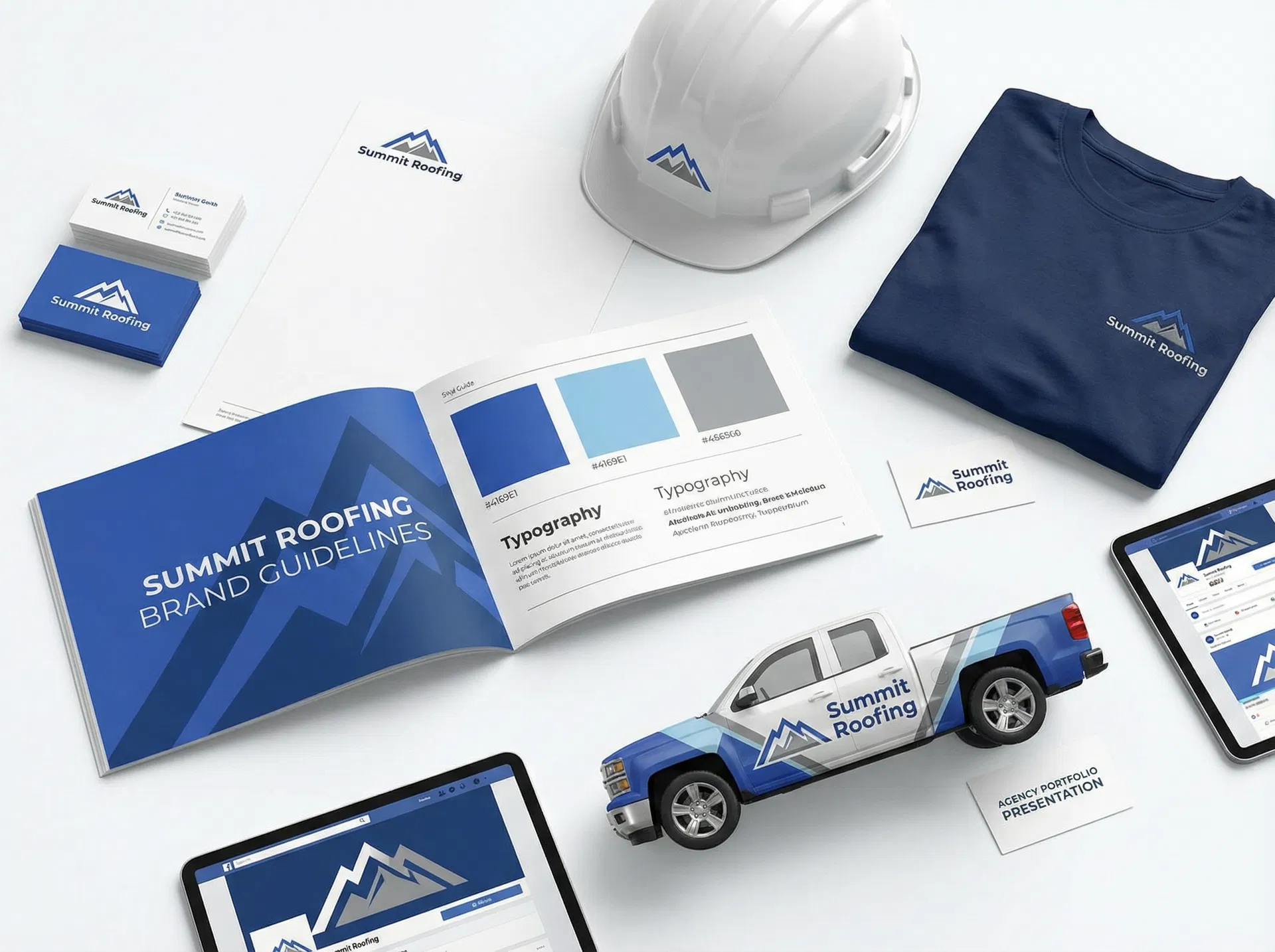 Professional brand identity package for Summit Roofing showing business cards, truck wrap, hard hat, t-shirt, and brand guidelines