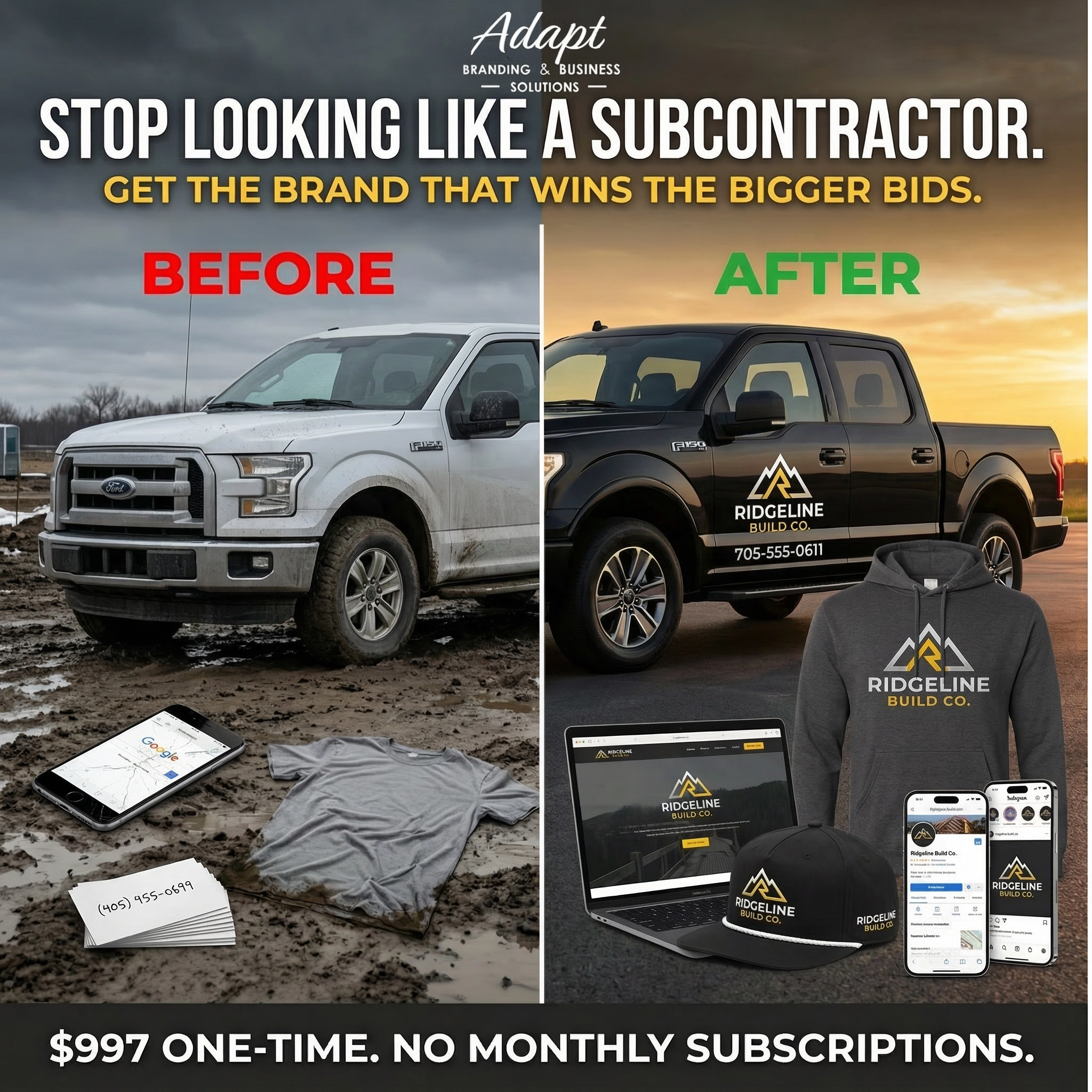 Before and after brand transformation — from unmarked truck and handwritten cards to professional branded vehicle, website, social media, hoodie, and cap