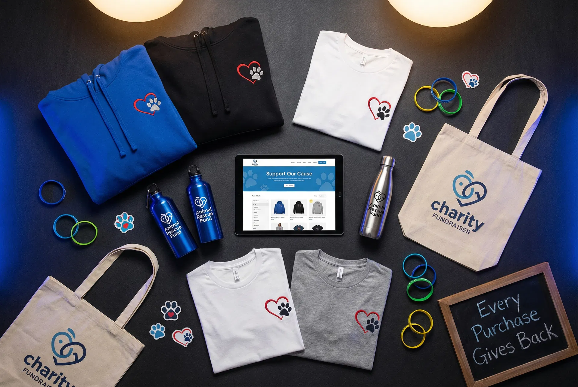 Branded merchandise for charity fundraiser with custom hoodies, t-shirts, water bottles, and tote bags