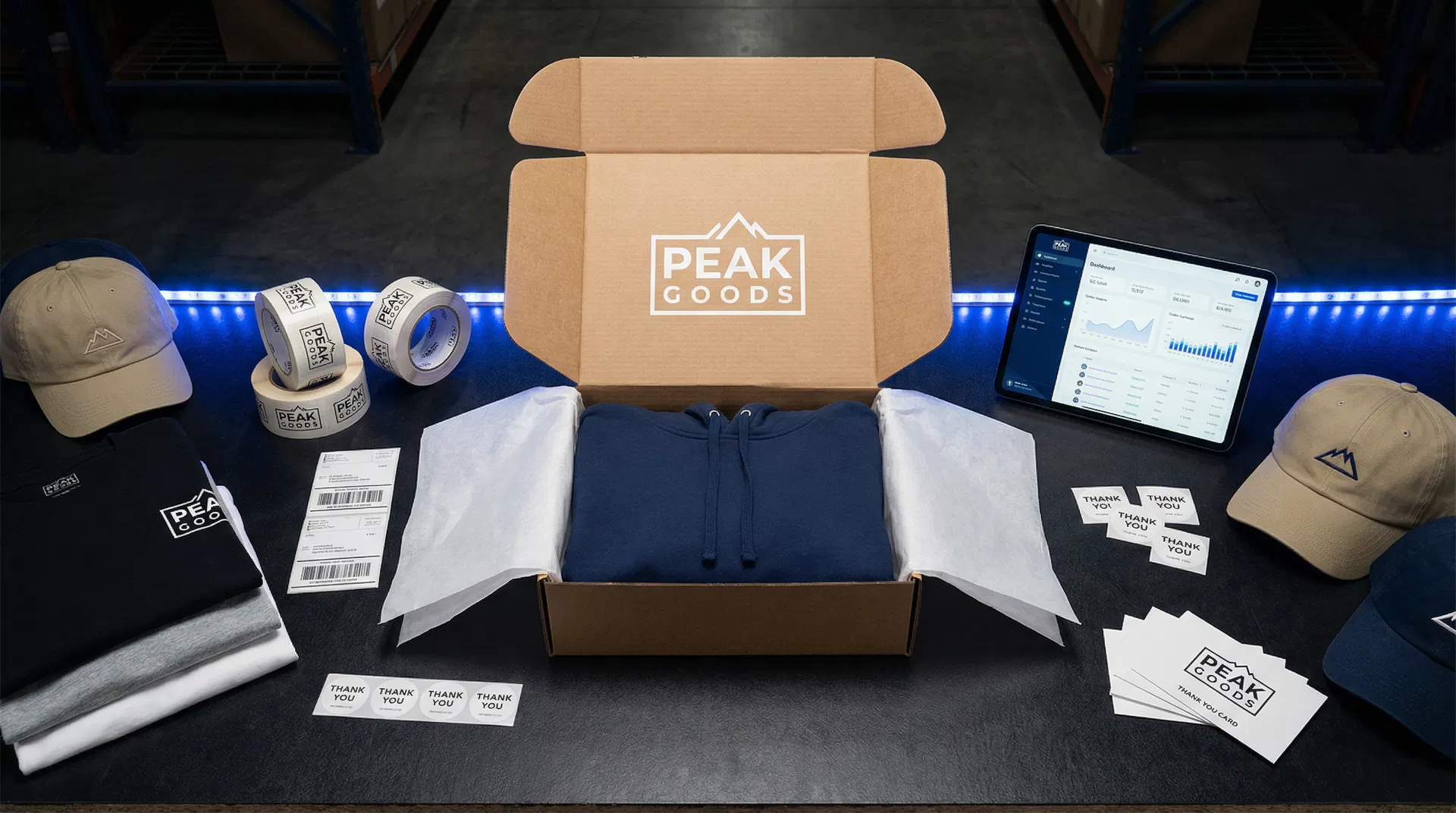 Merchandise fulfillment operation with branded packaging, shipping labels, and order management dashboard