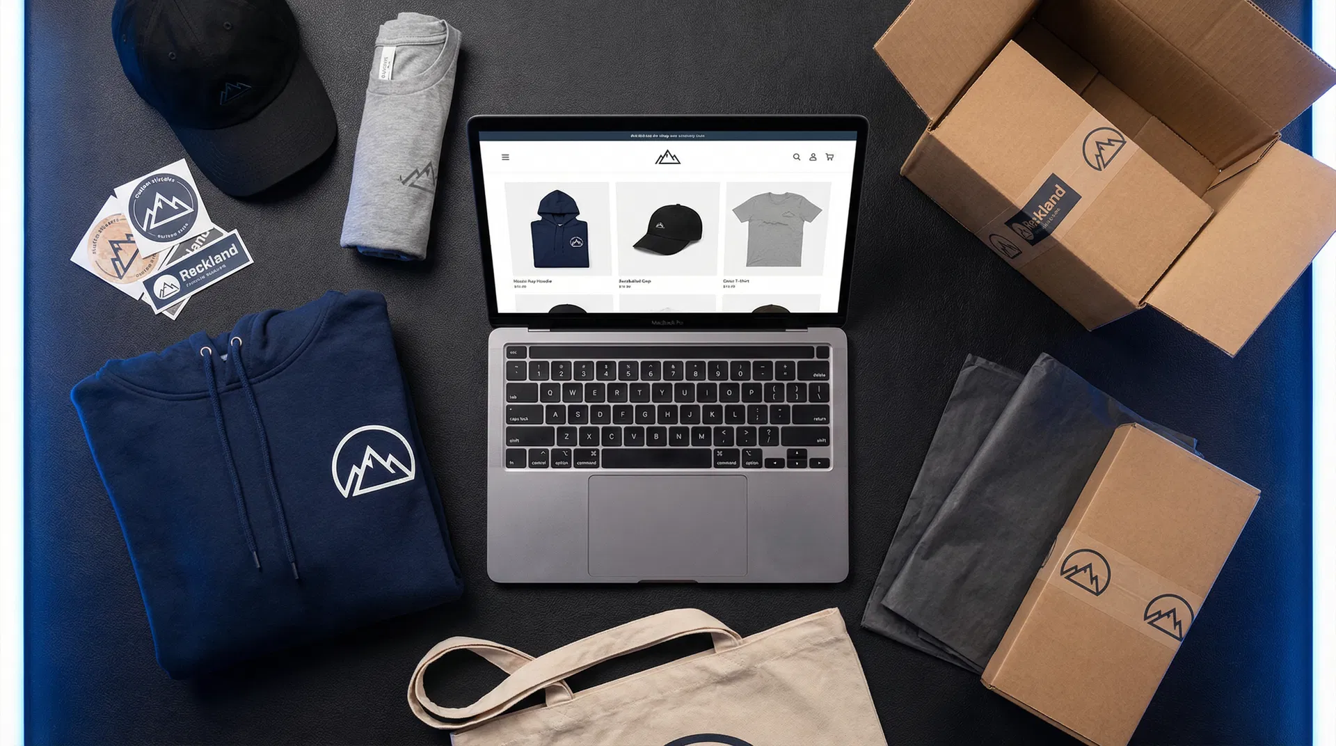 Branded merchandise store with custom hoodies, t-shirts, hats, and online store on laptop