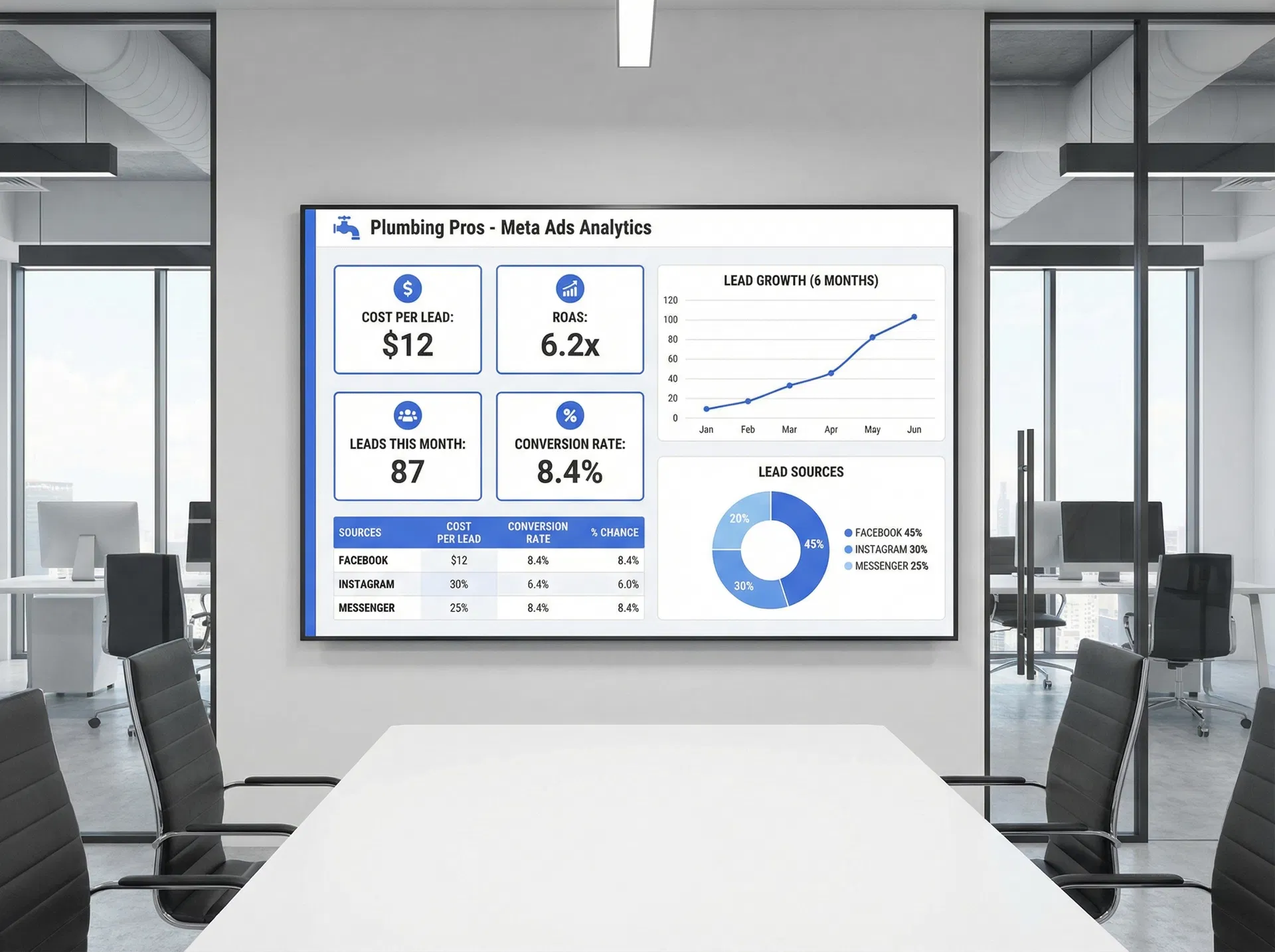 Meta ads analytics dashboard showing plumbing company campaign results with cost per lead, ROAS, and lead growth charts