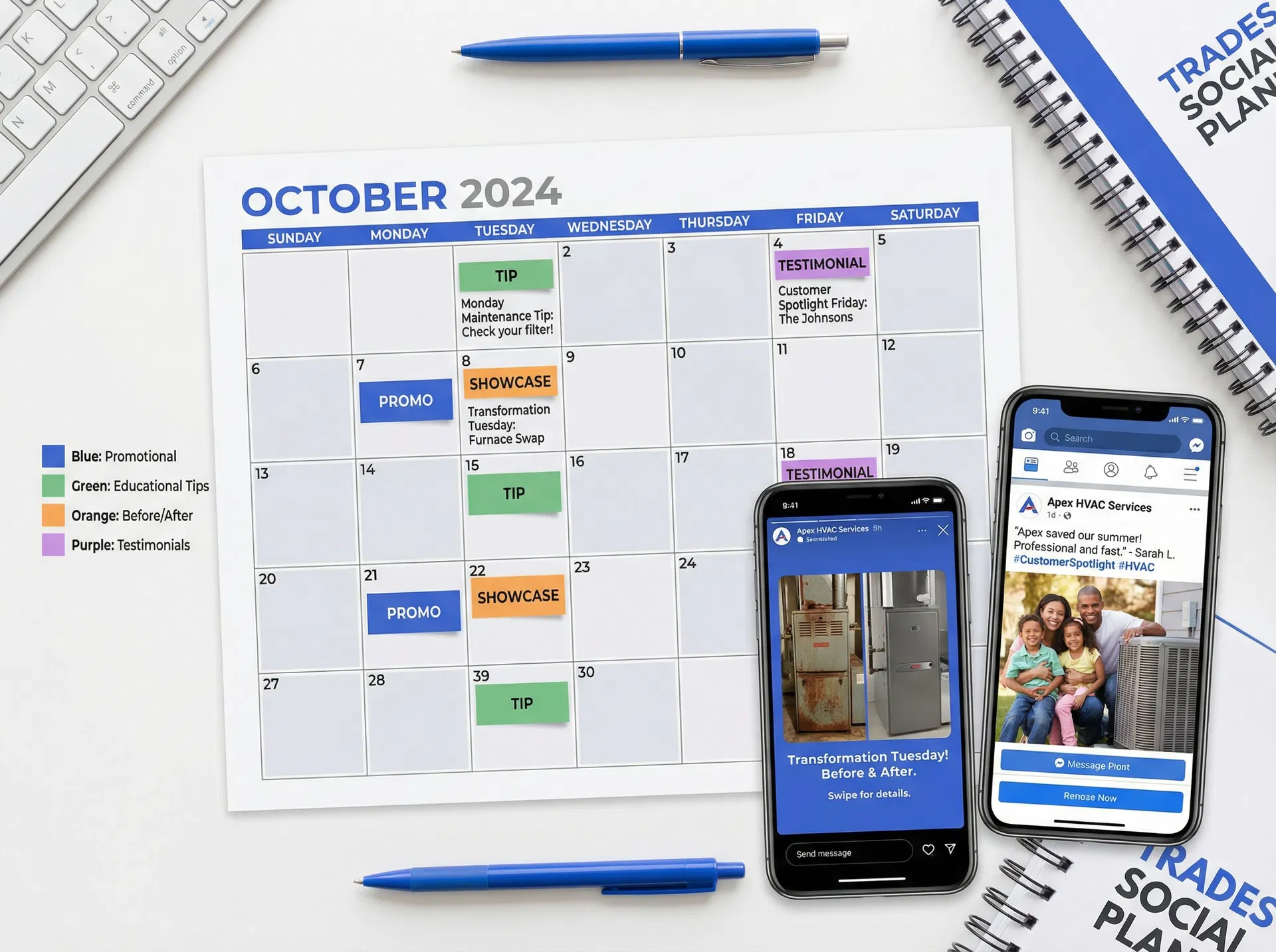 Social media content calendar for an HVAC company showing color-coded post types with Instagram Story and Facebook post mockups