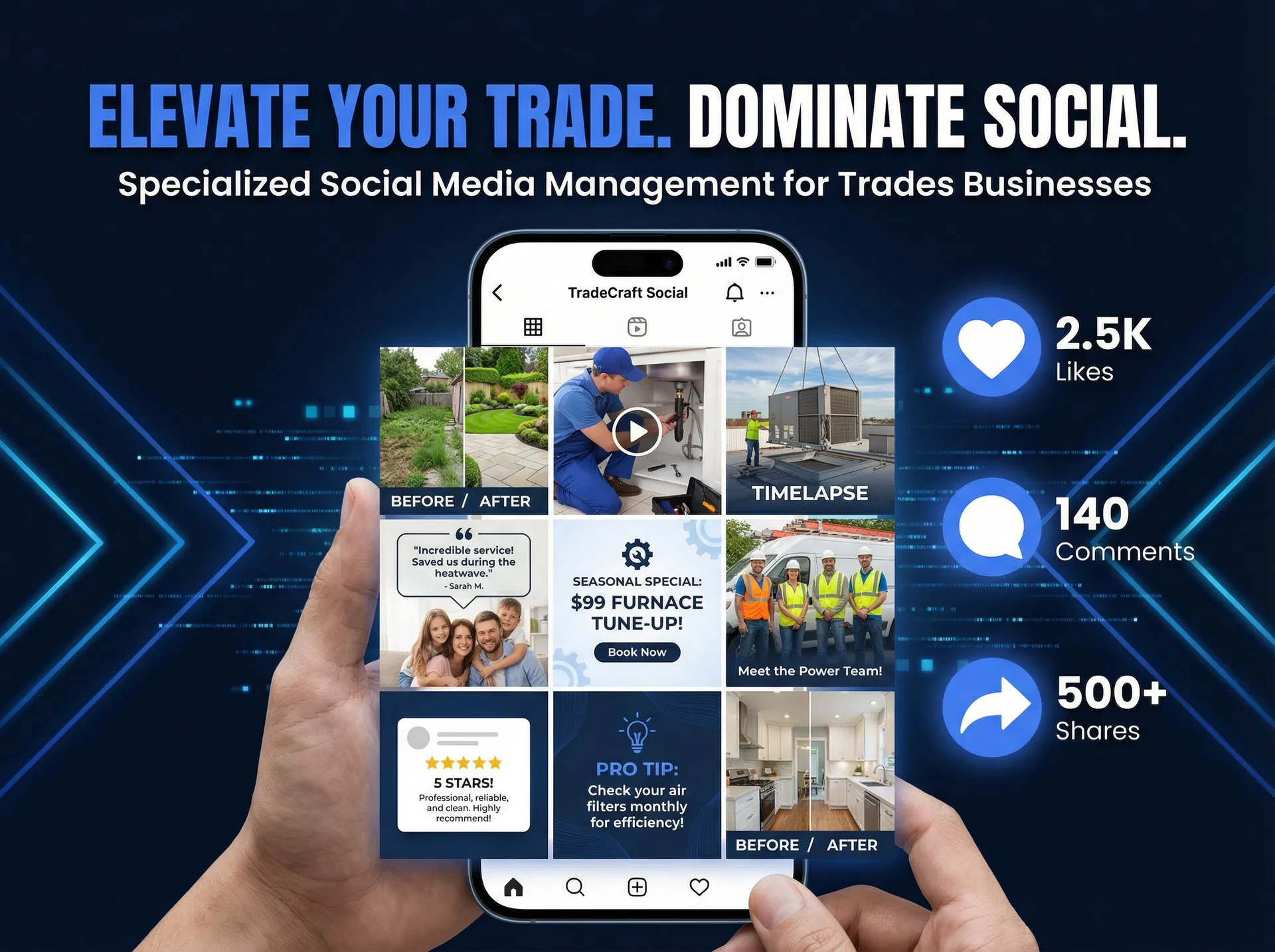 Instagram feed showing professional social media posts for trades businesses with engagement metrics