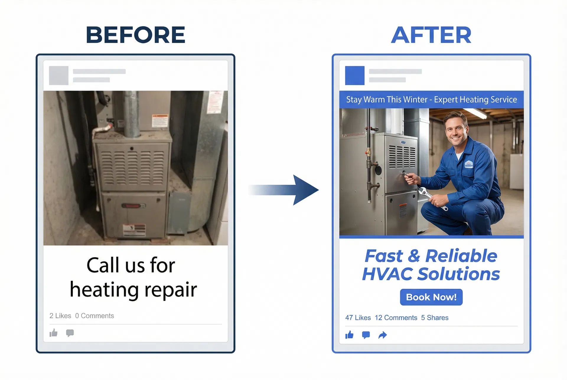 Before and after ad creative transformation for a local HVAC company