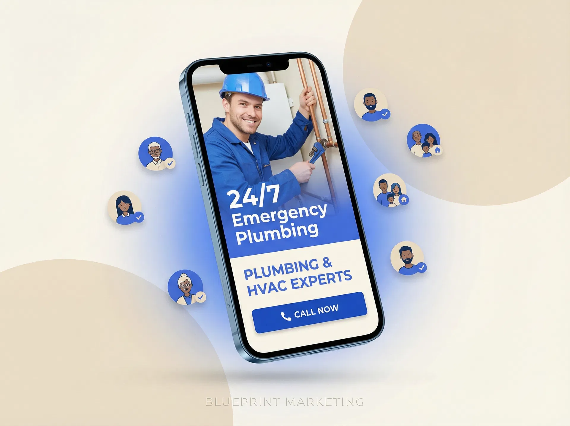 Plumbing and HVAC company social media ad displayed on smartphone with homeowner avatars