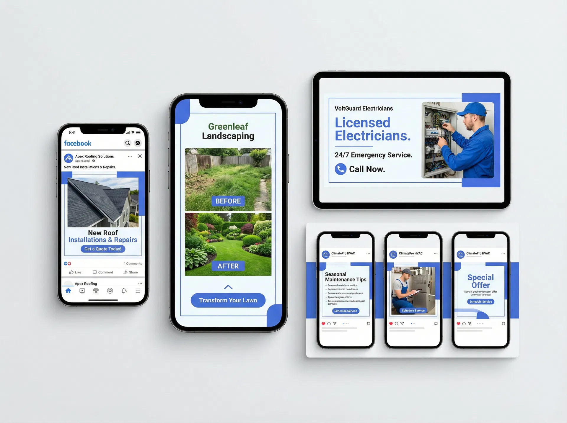 Ad creative mockups for roofing, landscaping, electrician, and HVAC businesses across multiple formats