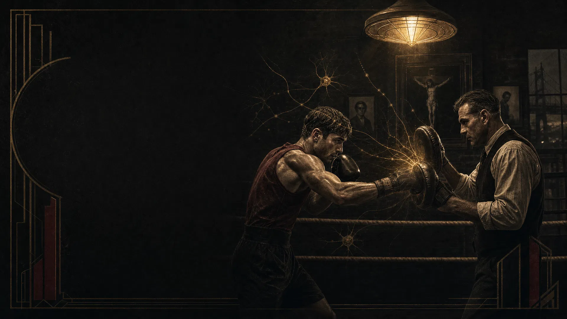 Silent padwork in an old boxing gym with subtle neural pathway motifs