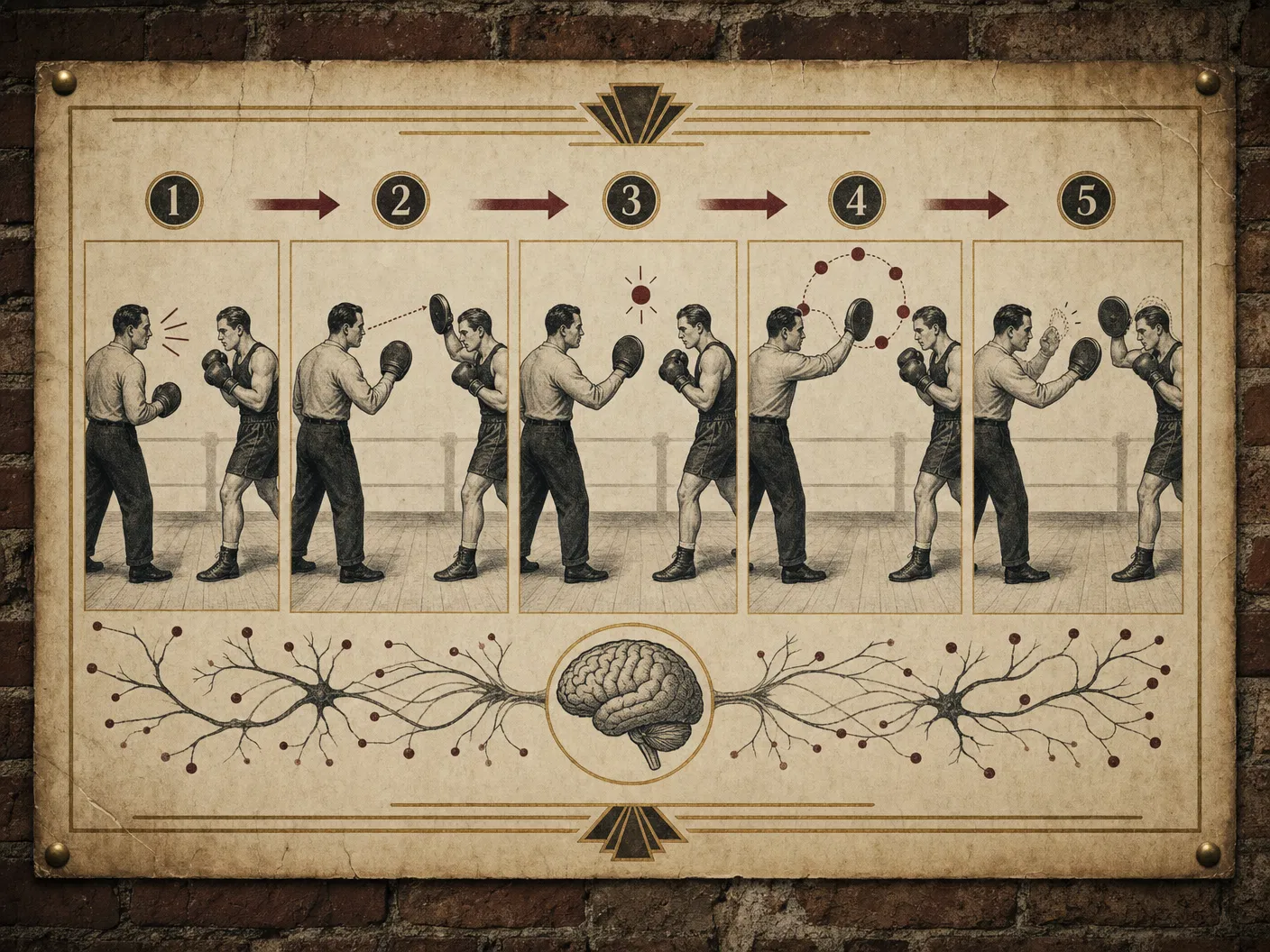 Vintage boxing poster showing padwork progression stages