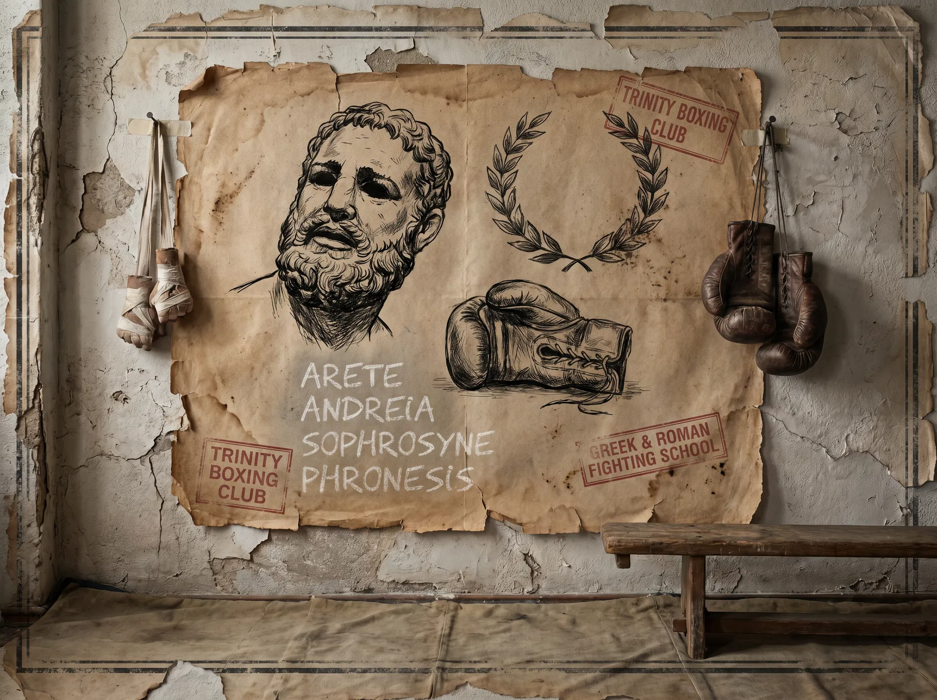 Weathered Greek and Roman fighting school poster in an old boxing gym