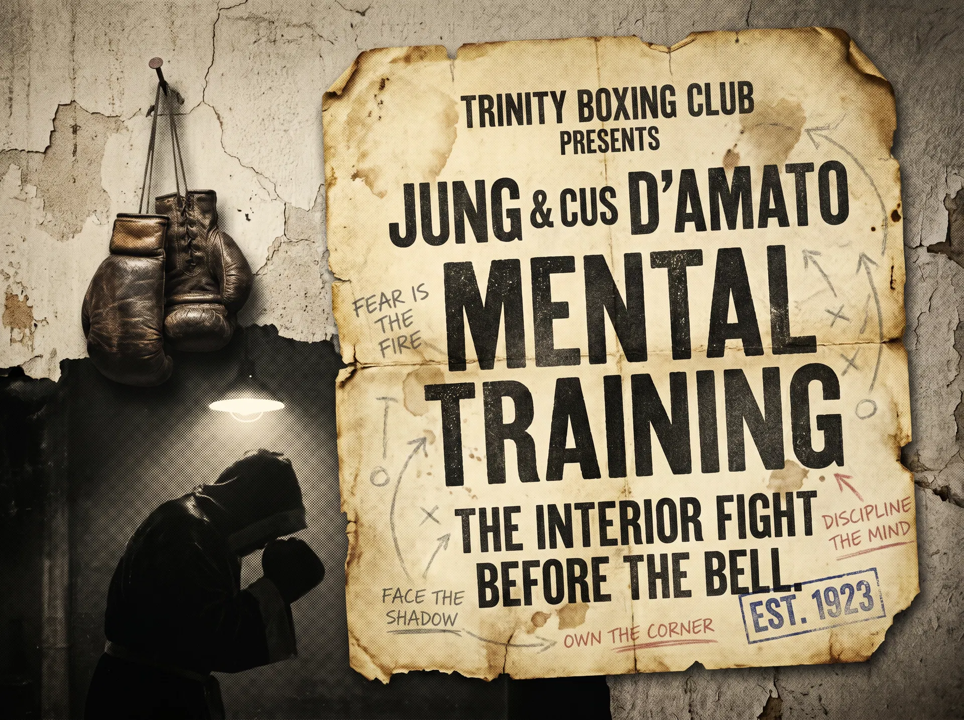 Rough vintage Trinity poster showing Jung and Cus D'Amato mental training