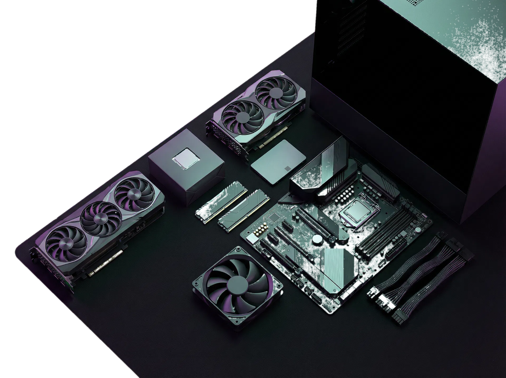 PC components arranged on a dark premium surface with purple and teal reflections