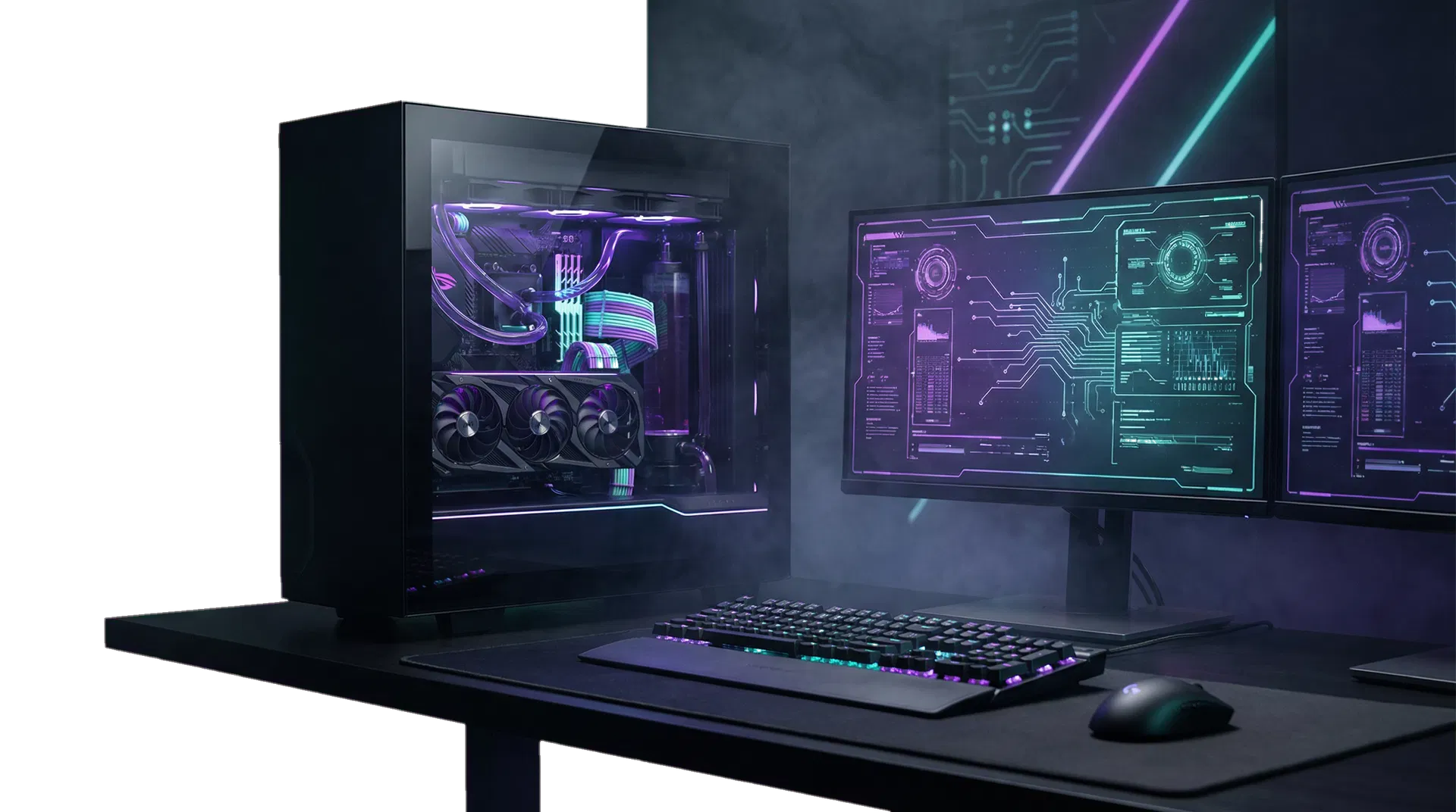High-performance custom gaming PC with RGB lighting on a dark desk setup