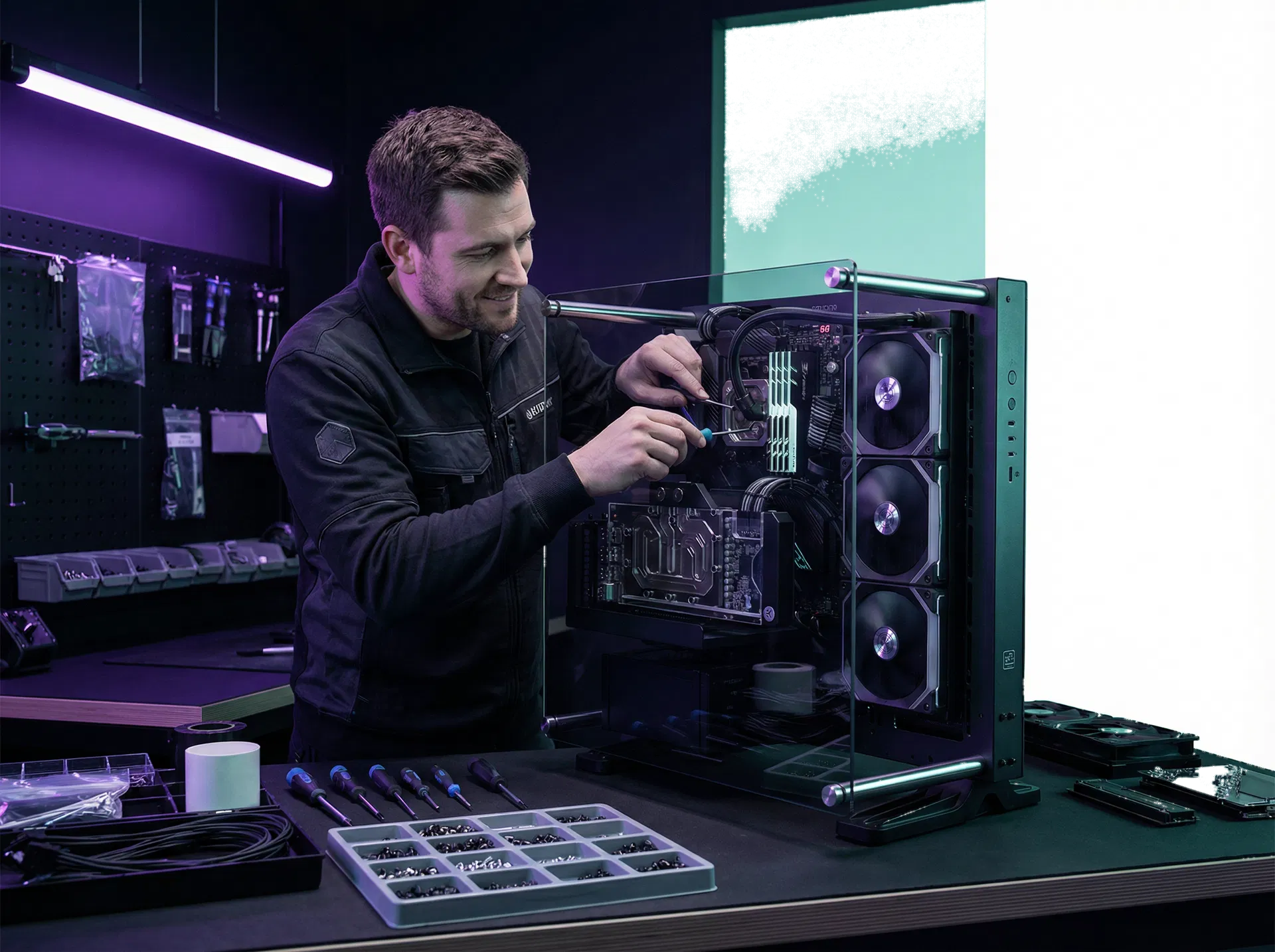 Premium custom PC workshop with technician support and quality-control atmosphere