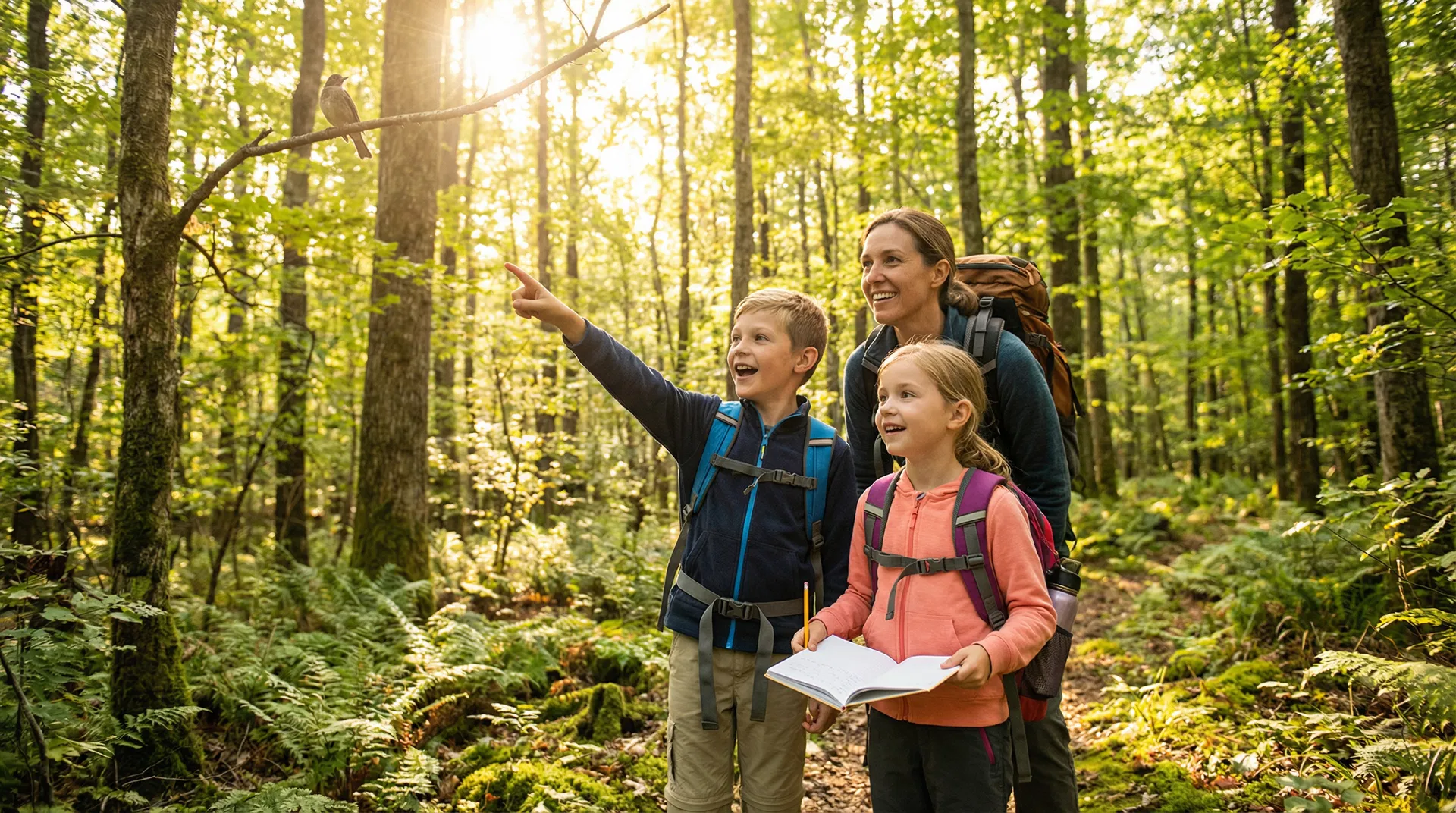 Two excited kids pointing at a bird on a forest trail with a nature journal