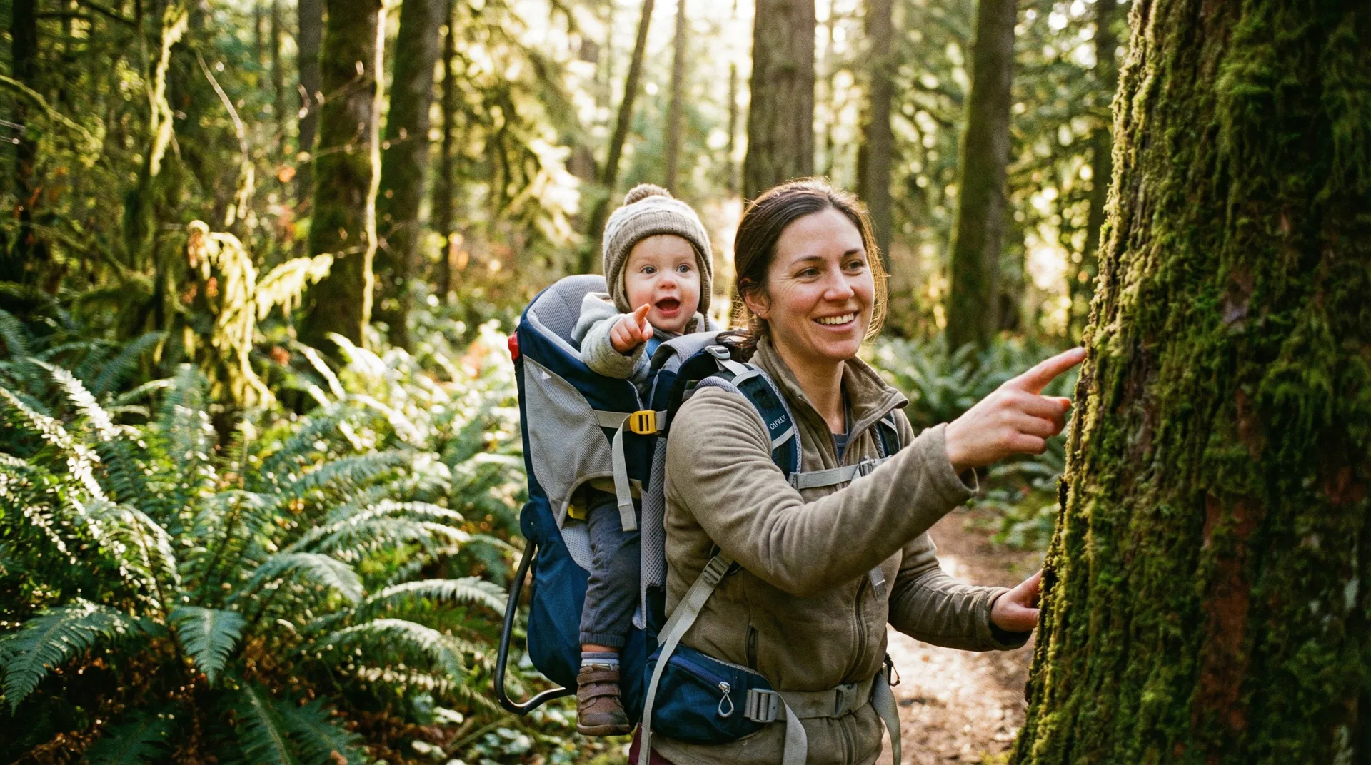 Parent hiking with a toddler on a trail