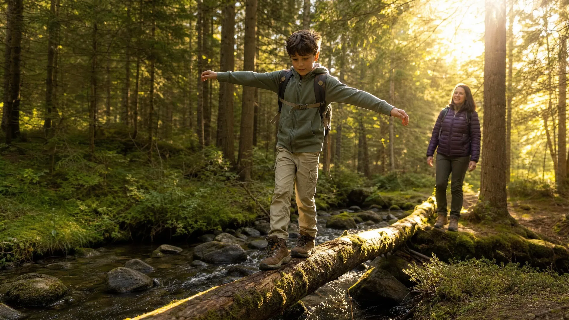 Child balancing on a mossy log over a forest stream while a parent watches proudly