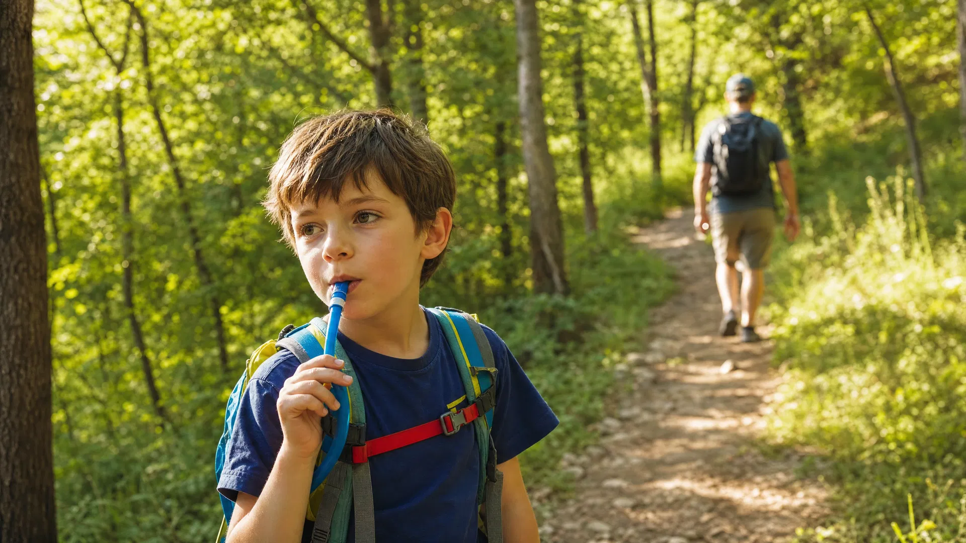 Young child drinking from a hydration pack bite valve on a forest trail with parent in background