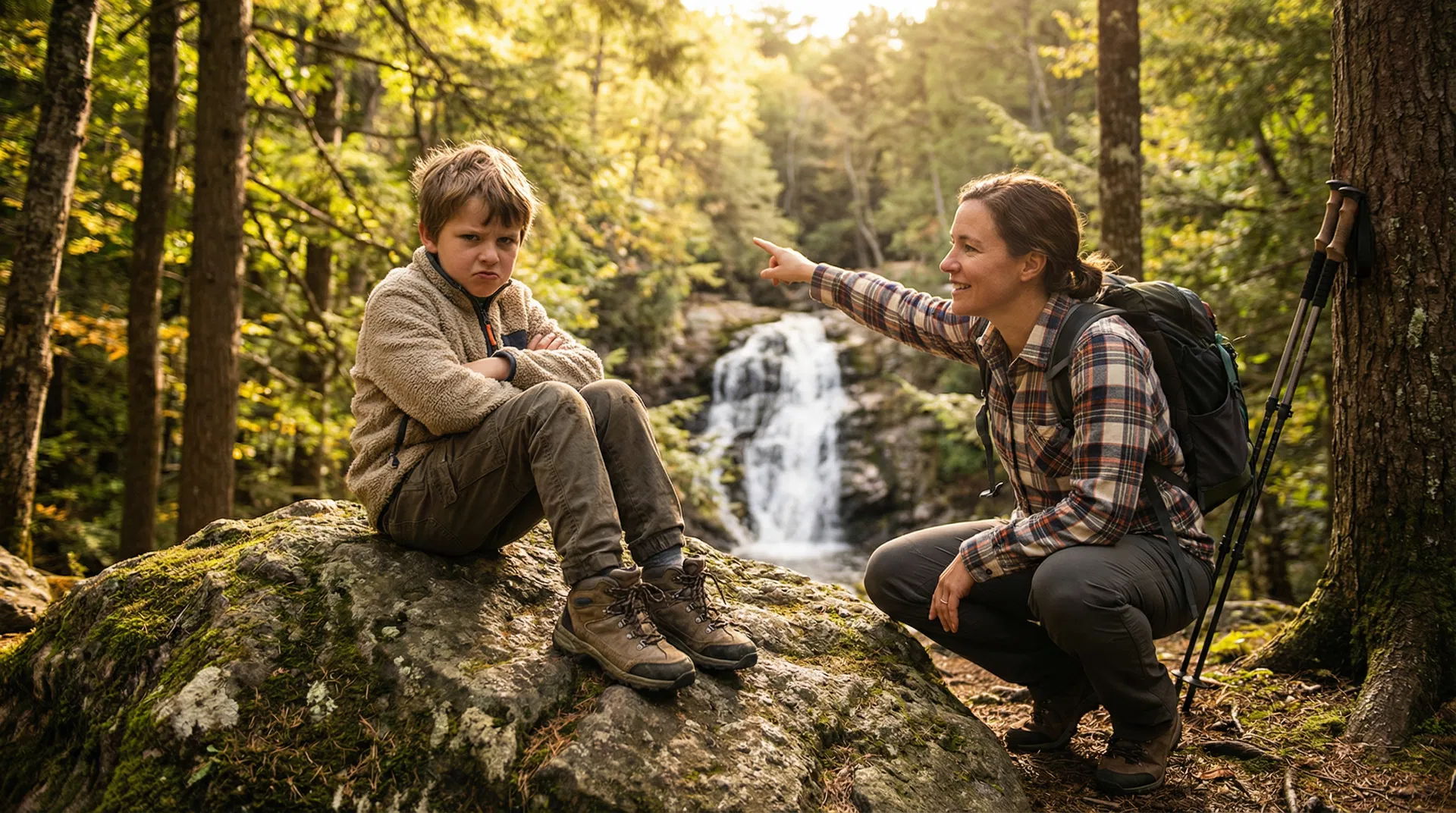 Kids reluctantly starting a hike