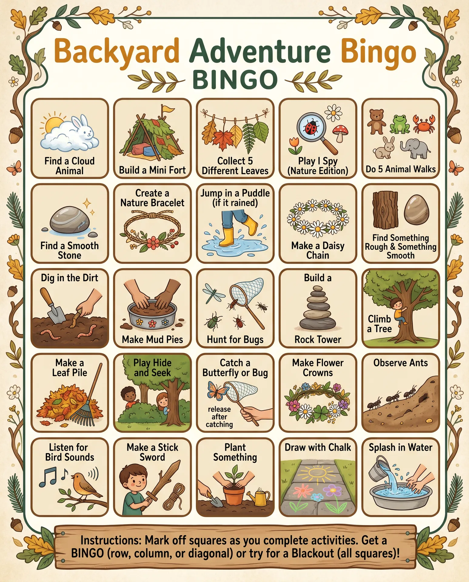 Backyard Adventure Bingo Card