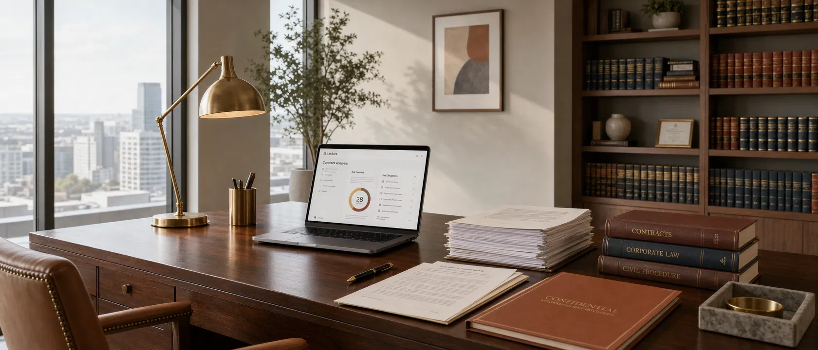 Bureau juridique moderne avec analyse de contrat sur écran