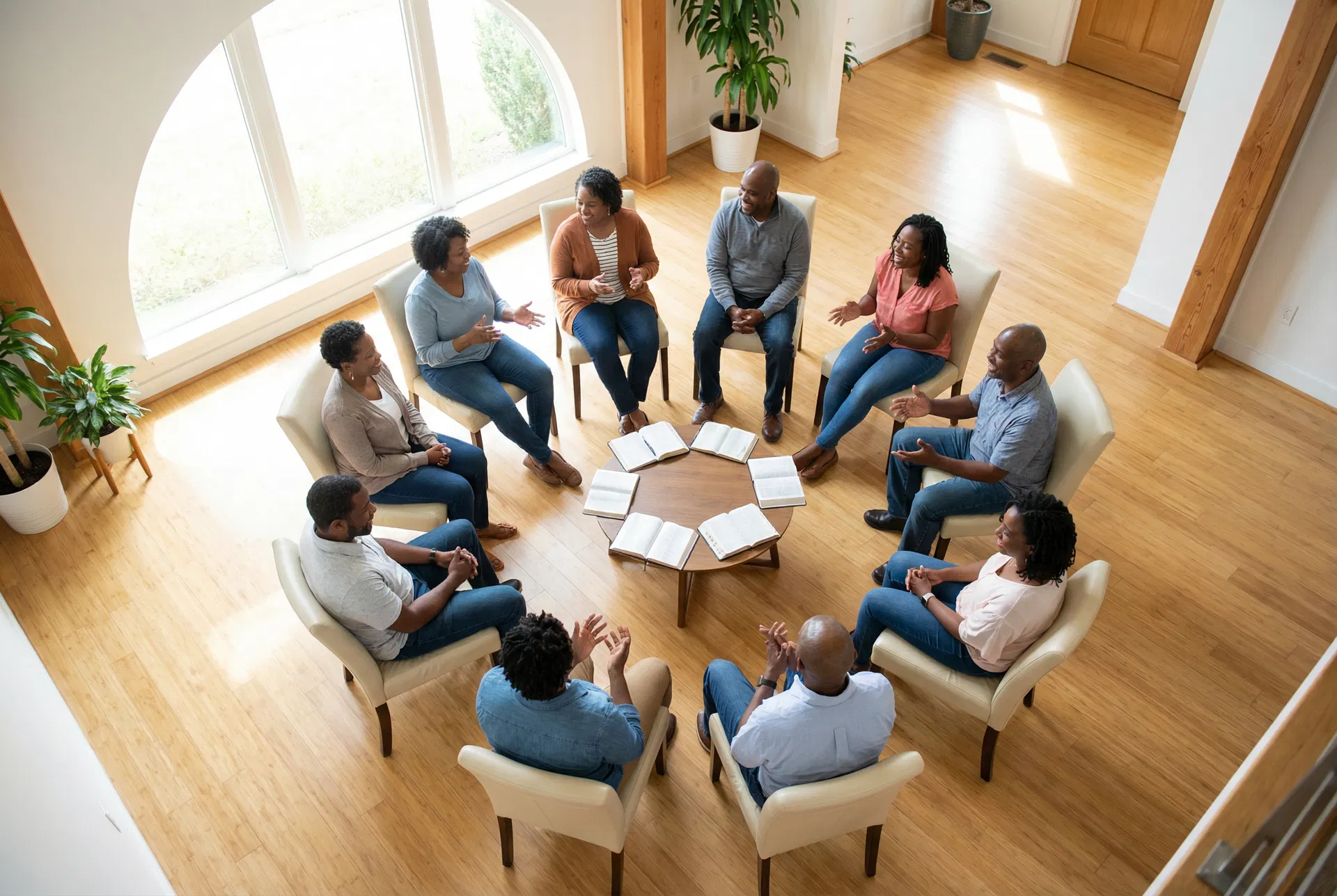 Community group sitting in a circle discussing together