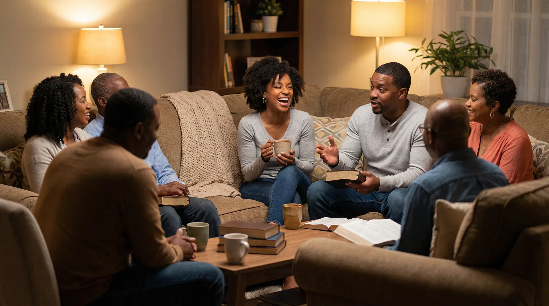 Community group gathering in a warm living room