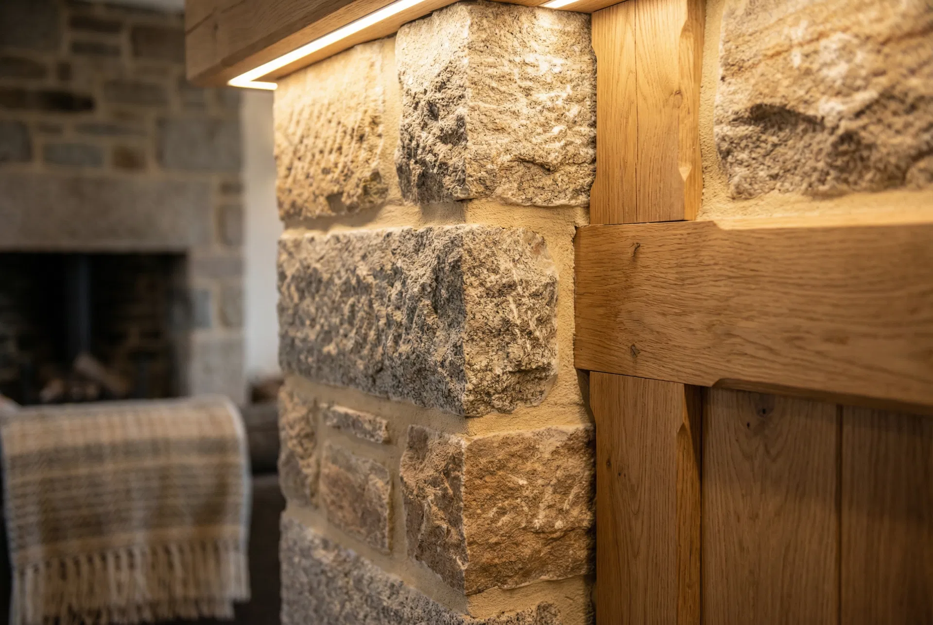 Close-up of premium stone and timber craftsmanship detail