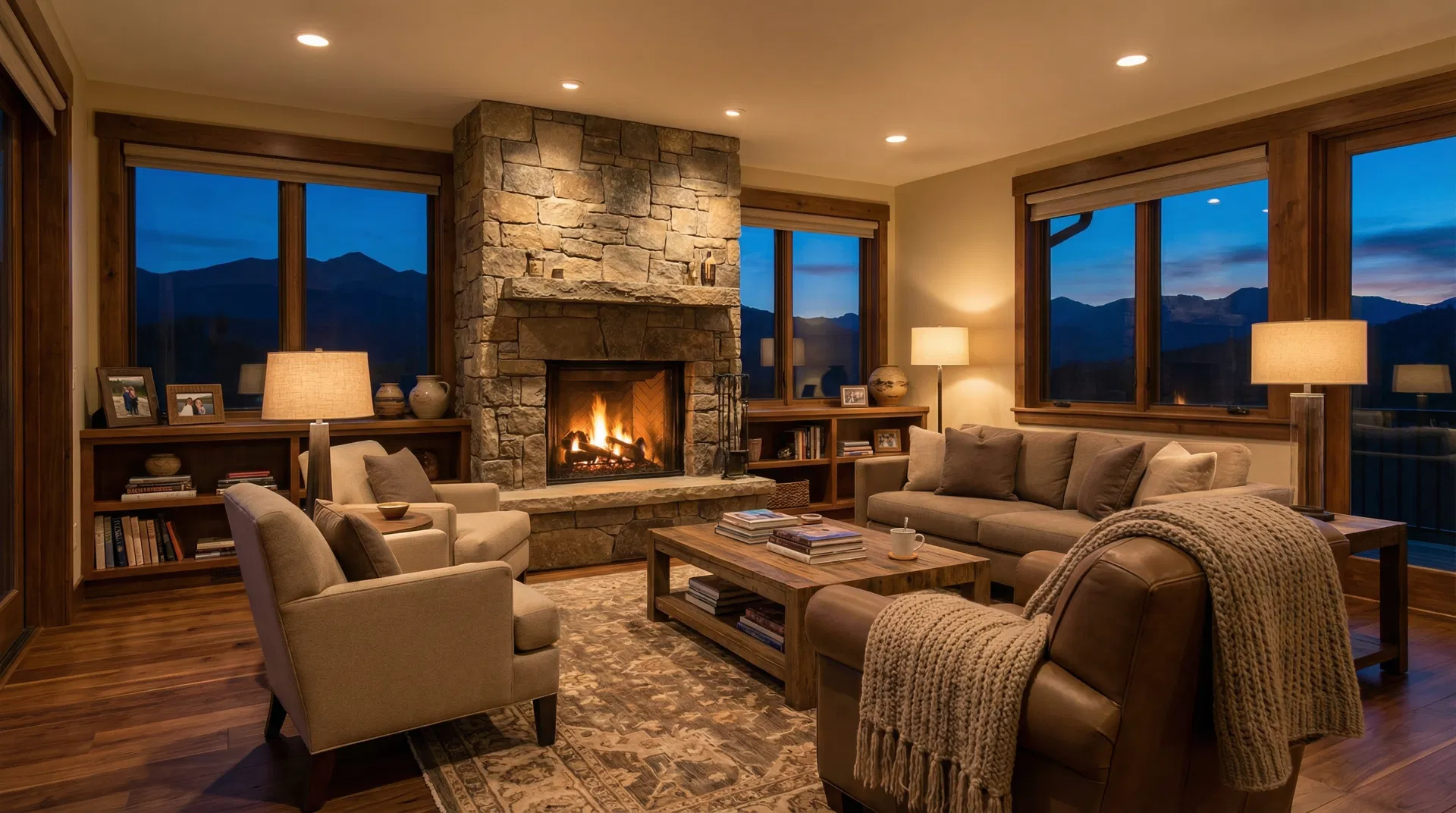 Warm completed living room with stone fireplace and mountain views at evening